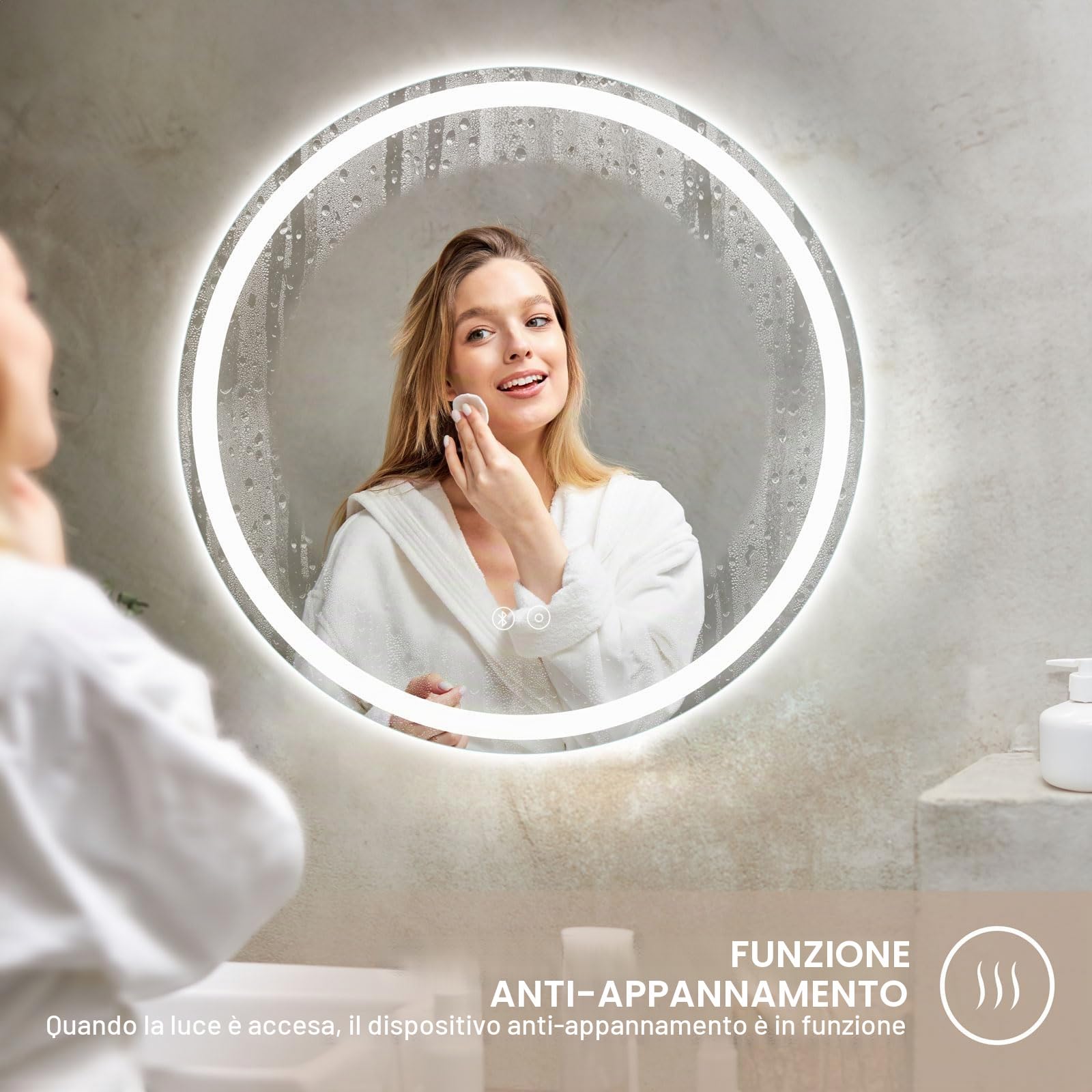 Dripex Rotondo Specchio da bagno con illuminazione 70cm Luce Specchio con altoparlante Bluetooth Anti-Nebbia Led Specchio Bagno con 3 Temperature Colore e Dimmerabile Smart Touch IP44