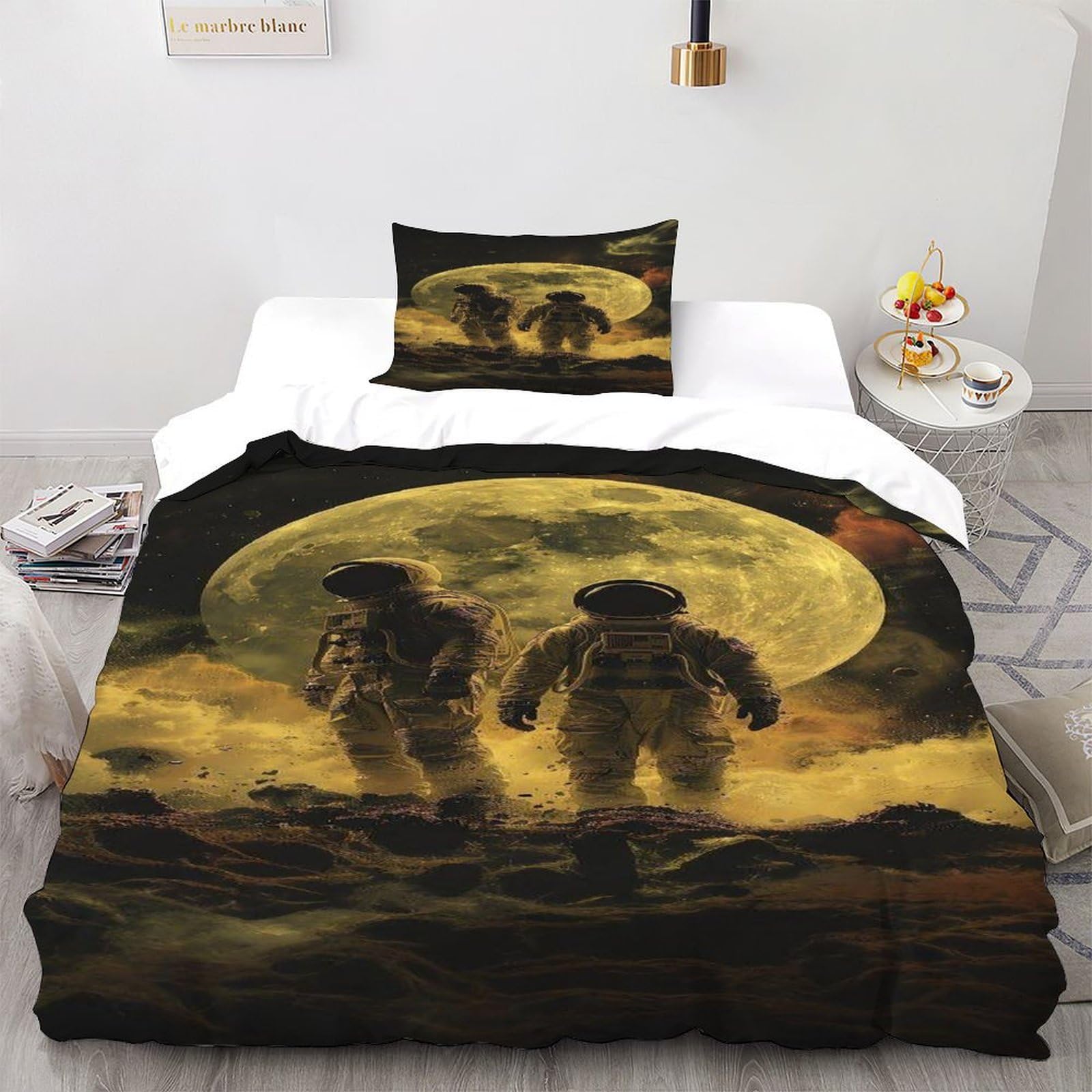 Astronauts Moon Bedding Set 3D Digital Printing Space Theme Duvet Cover Set Microfiber Comforter Cover Universal for All Seasons Pillowcase Single（135x200cm）