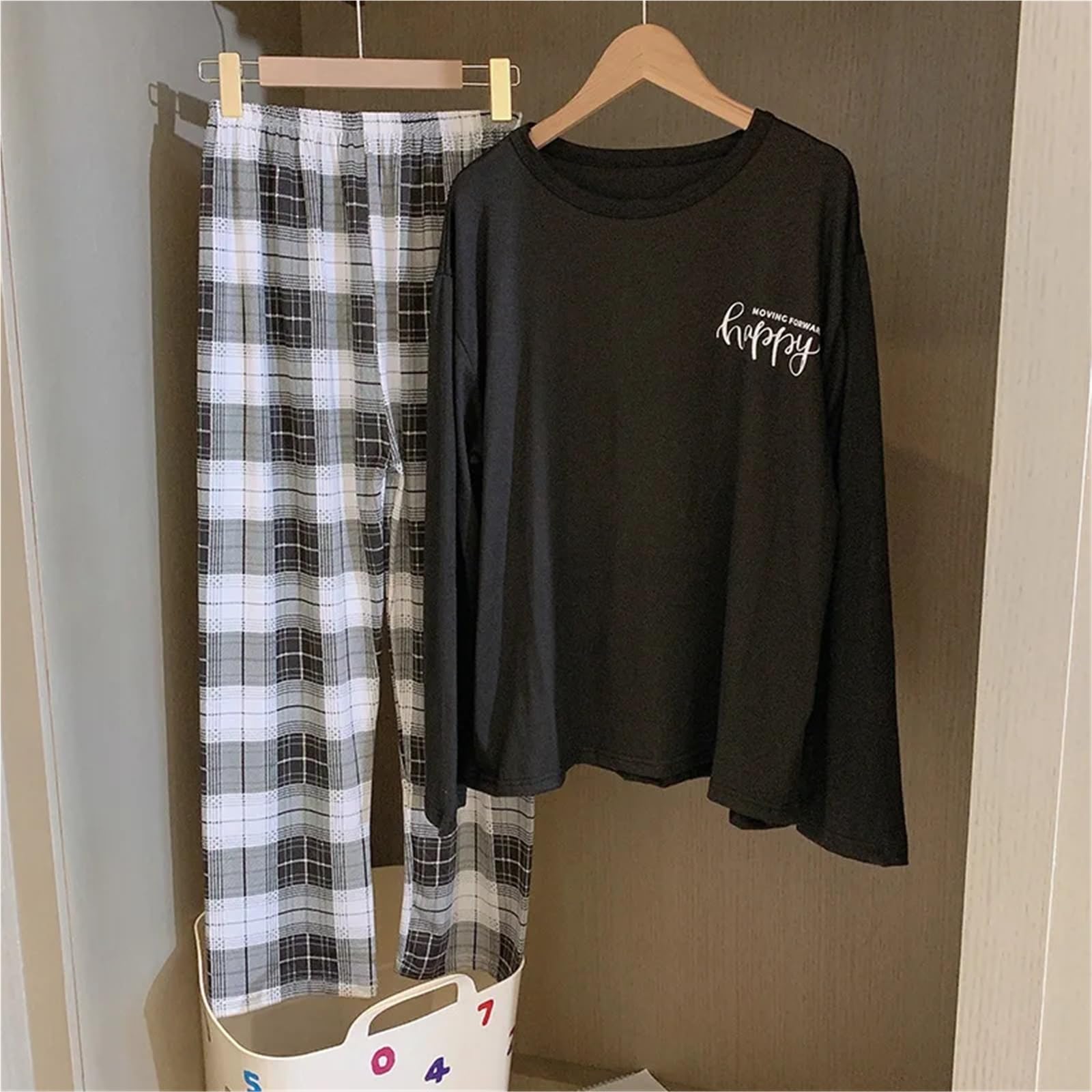 Women's Two-Piece Pajamas Set, Spring and Autumn Homewear, Long-Sleeved Trousers Suit, Simple and Wearable Outside(Blue)