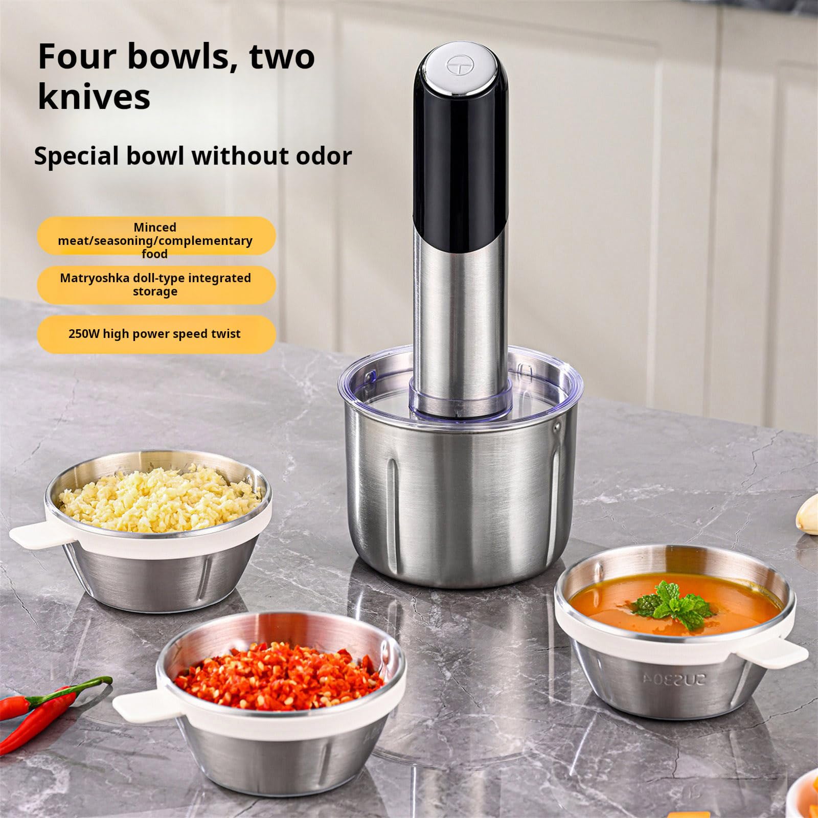 Molinillos de Cocina multifuncionales con Taza Desmontable, utensilio de Cocina, Textura de Acero Inoxidable, Adecuado para Especias Hechas a Mano, procesador de Alimentos para bebés