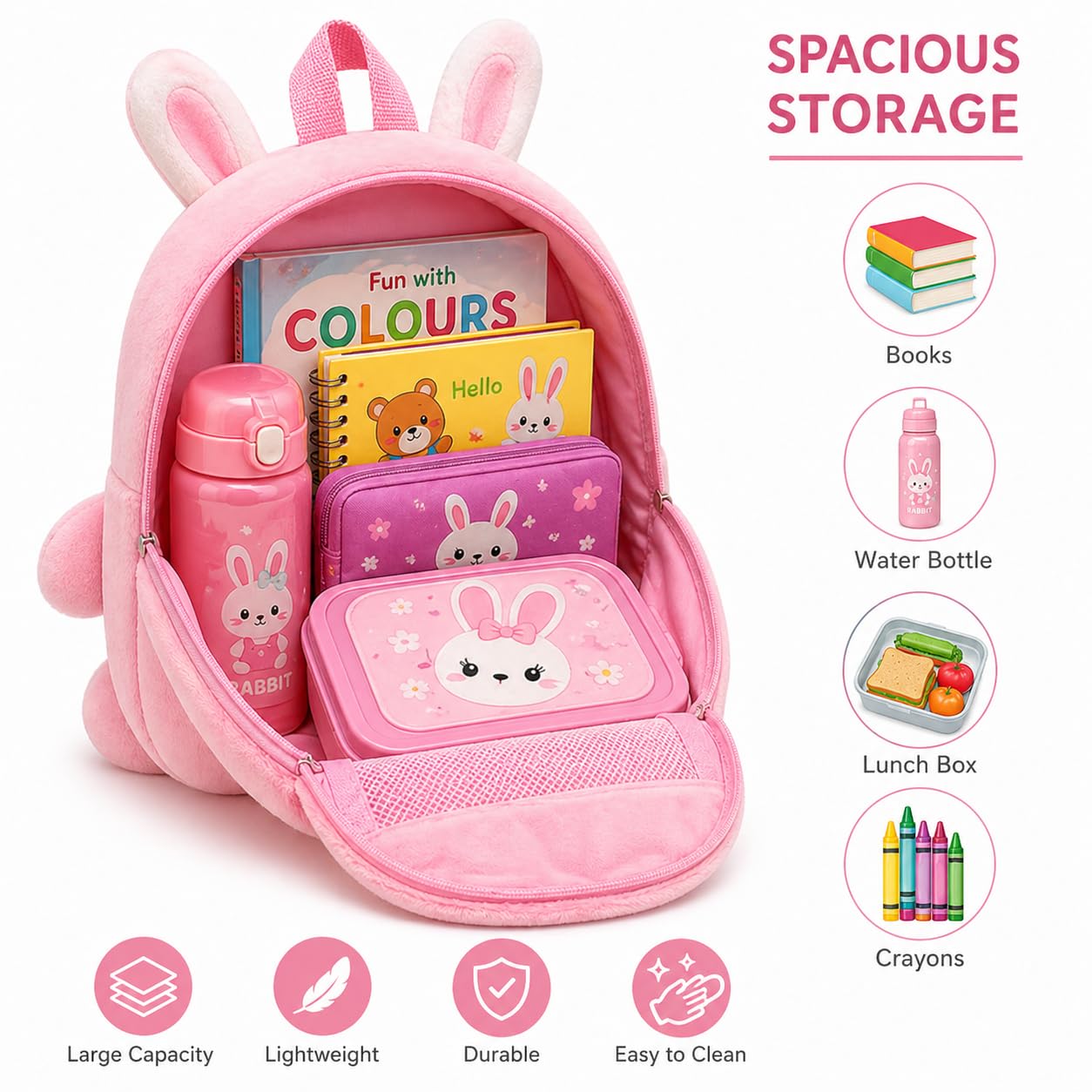 LUXIVA Cute Bunny Plush Backpack for Kids (2–5 Years) | Soft Toy School Bag for Boys & Girls | Lightweight Nursery Travel Backpack | Mini Toddler Bag with Zipper Pocket 3