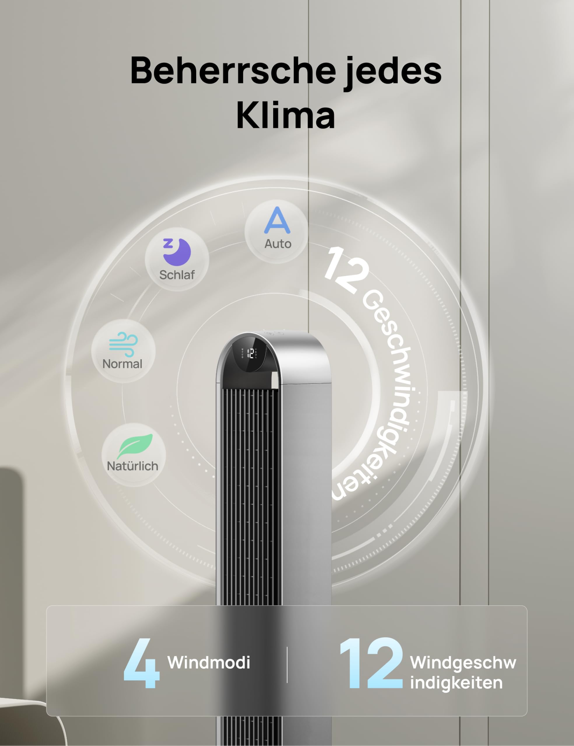 DREO Smart Turmventilator Sehr Leise, 120° Oszillierender Ventilator mit Kühlung, 25dB Standventilator mit Fernbedienung für Schlafzimmer, 12 Geschwindigkeiten, 4 Modi, 12-Stund-Timer, Pilot Max S