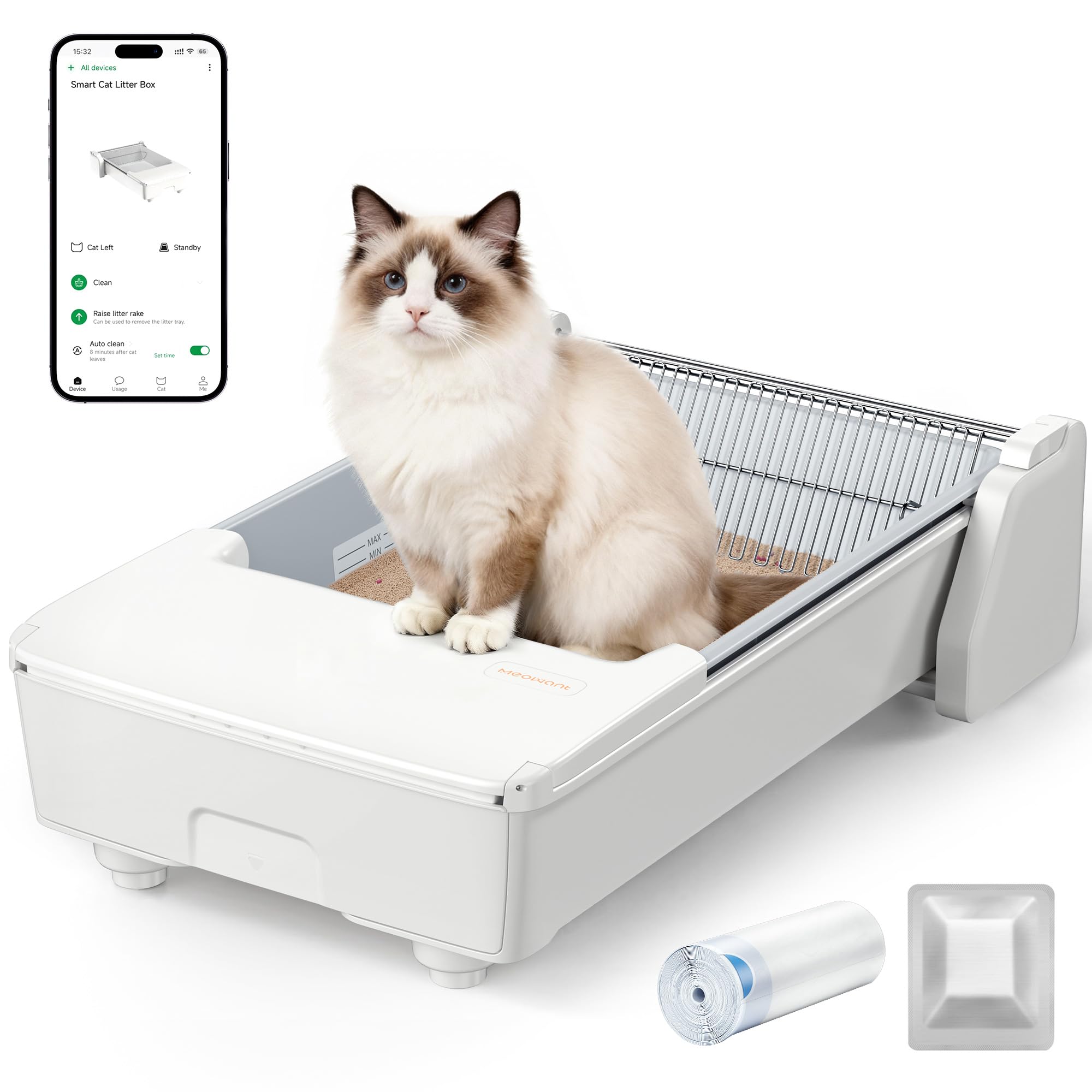 Meowant Lettiera Gatto Autopulente, Lettiera Automatica per Gatti Aperta con APP-Controllo/Anti-Odore/Sensore Sicurezza/Doppio Vano Raschiatura Bidirezionale per Multi Gatti (3-24lb)