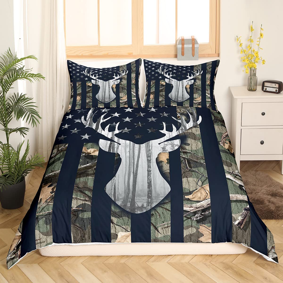 Camouflage USA Flag Duvet Cover Single Size,Green Camo Grey Deer Antlers and Trees Natural Comforter Cover for Adults Kids Bedroom Decor,American Flag Bedding Set 1 Pillowcase,No Comforter - Image 3