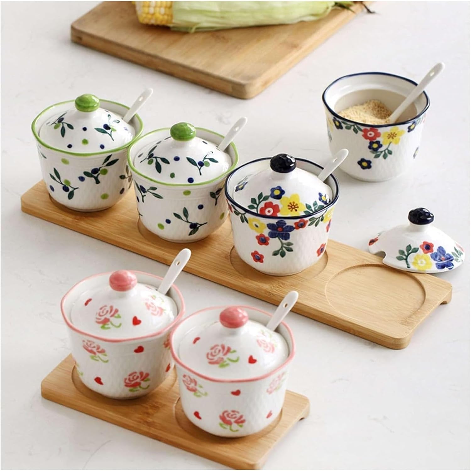 Sugar bowl,Sugar Bowl,Hand Drawn Pattern Sugar Bowl with Lid, Ceramic Teacup Shape Sugar Pot, Coffee Accessories, Sugar Pourer, Kitchen Storage(Green)