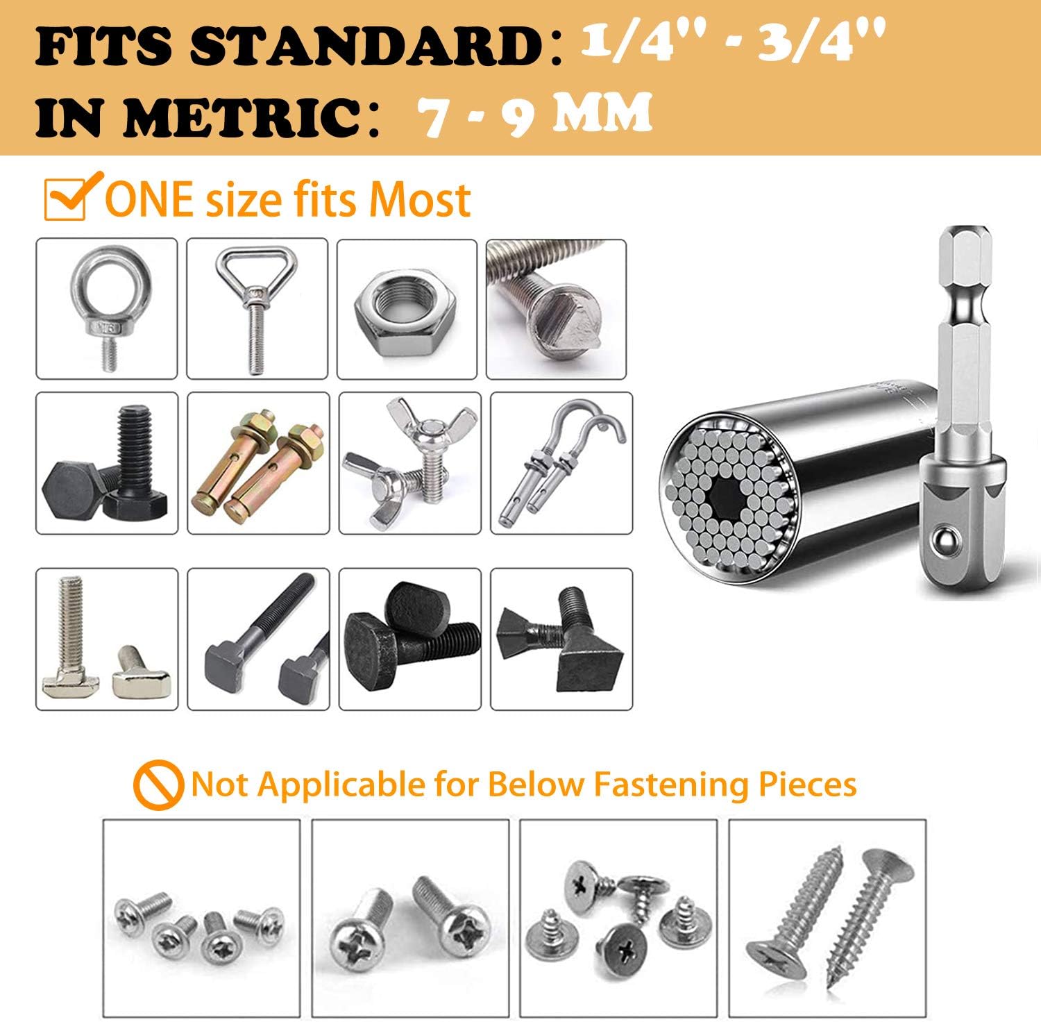 Universal Socket, Self-adjusting Socket 1/4'' - 3/4'' 7mm-19mm, Adapter Socket for Wrench Ratchet & Power Drill, Super Grip Socket, Christmas Stocking Stuffers Tools