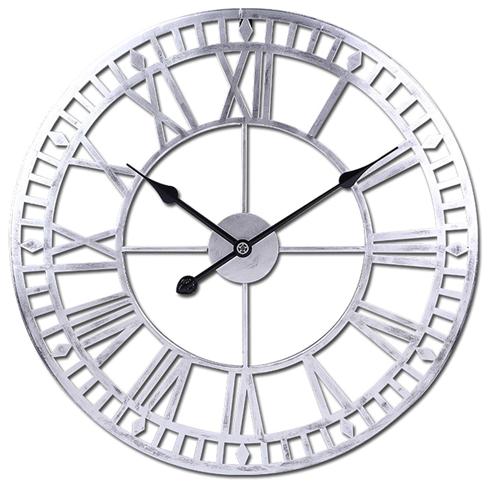 KRXSOBNV wall clock, Silent Non-Ticking Metal Roman Numerals Modern Decorative Wall Clock for Living Rooms, Offices, Bars, Hotels(Silver,60CM)