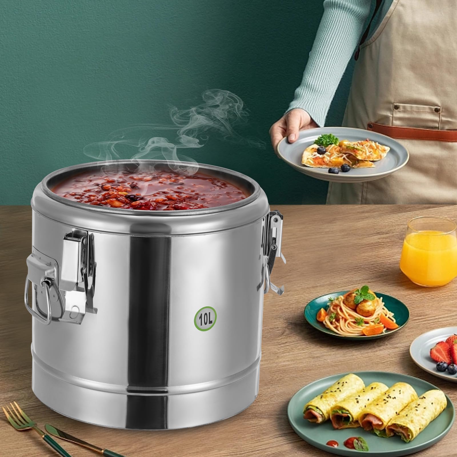 Cubo aislado de acero inoxidable de 10 litros, recipiente térmico con junta de silicona, recipiente para calentar comedores escolares, hoteles y restaurantes, 12 h caliente 24 h frío, sin grifo