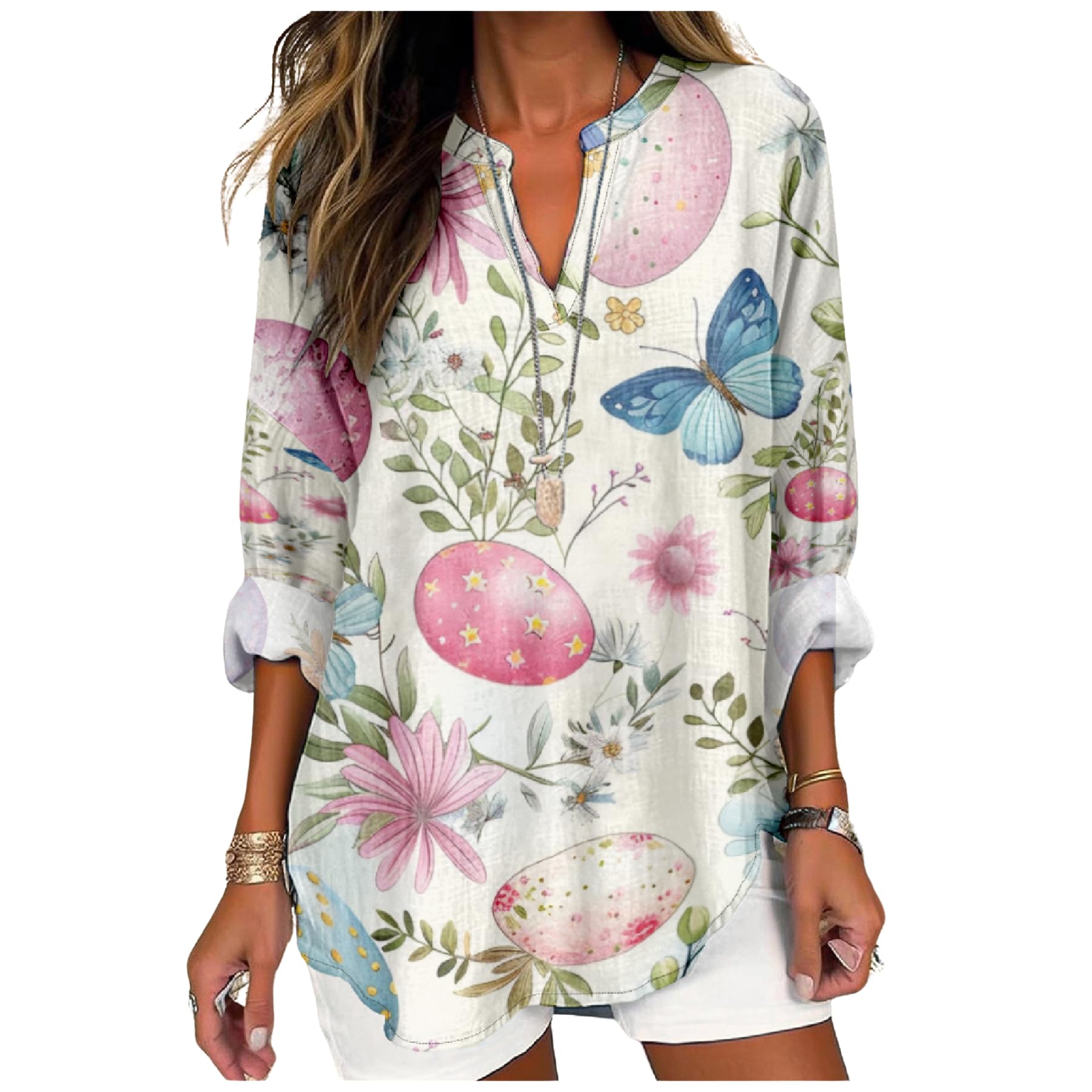 Summer Lightweight Blouses 3/4 Long Sleeve Office Shirts for Women V Neck Casual Fit Trendy Bussiness Work Tops