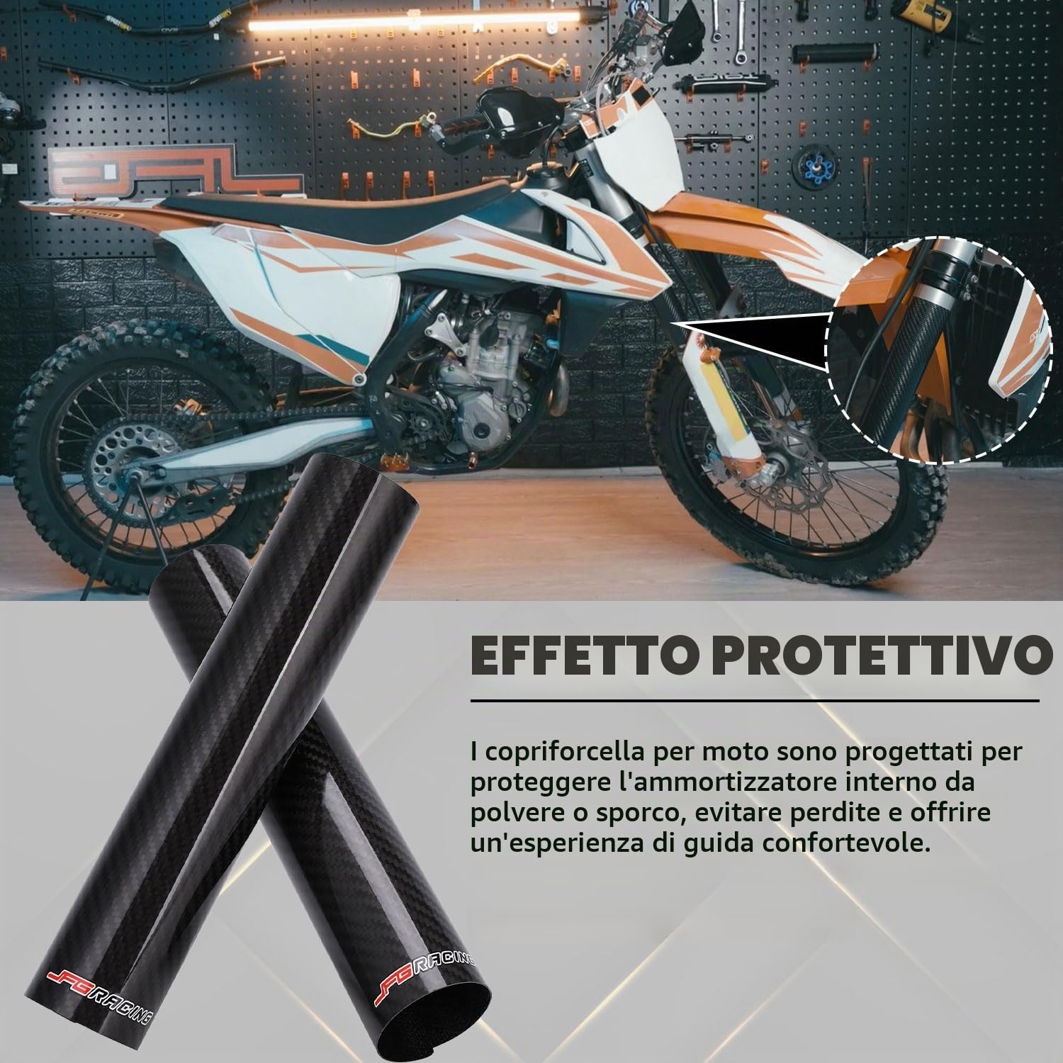 JFG RACING 250 mm Protezione Forcella Anteriore Moto,Protezione Forcelle Fibra di Carbonio,Ammortizzatore Ghette Stivali Regolabili Universali per Dirt Bike On/off Road