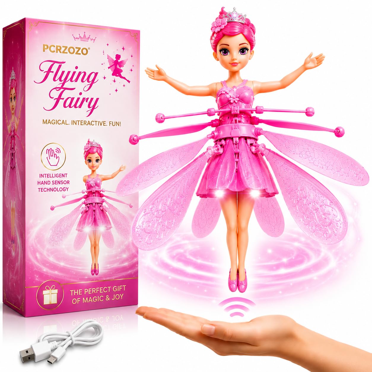 PCRZOZO Flying Fairy Doll for Girls, USB Rechargeable Hand Sensor Hover Toy with LED Lights, Gesture Controlled Flying Princess Toy, Interactive Indoor Gift for Children Aged 6+ (Pink)