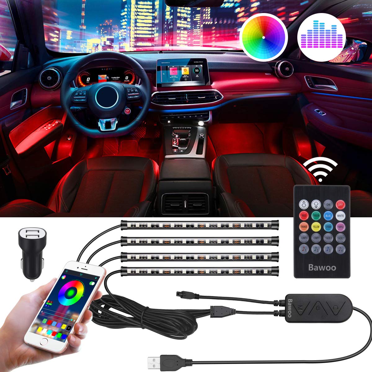 Interior Car Lights, Bawoo Car LED Strip Light Upgrade Two-Line Design Waterproof 4pcs 48 LED APP Controller Lighting Kits, Multi DIY Color Music Under Dash Car Lighting with Car Charger, DC (Black2)