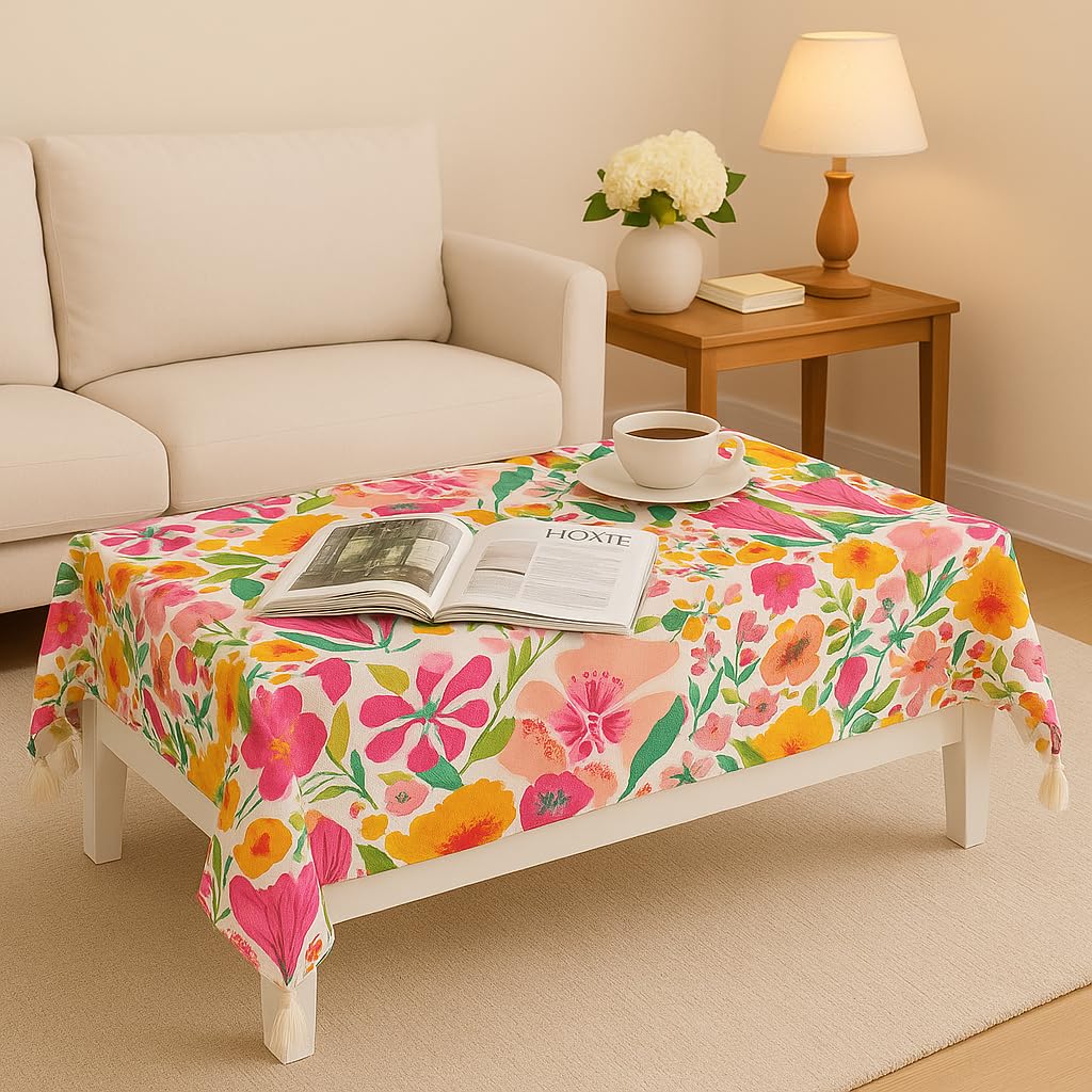 WWW.THROWPILLOW.IN Pink Floral Print Tassel Boho Printed Dining Table Cover Rectangle Shape 52"x 72", Anti Skid Table Cloth for 5 Feet Center Coffee Table Cover|Living Room Diwali Decor 1