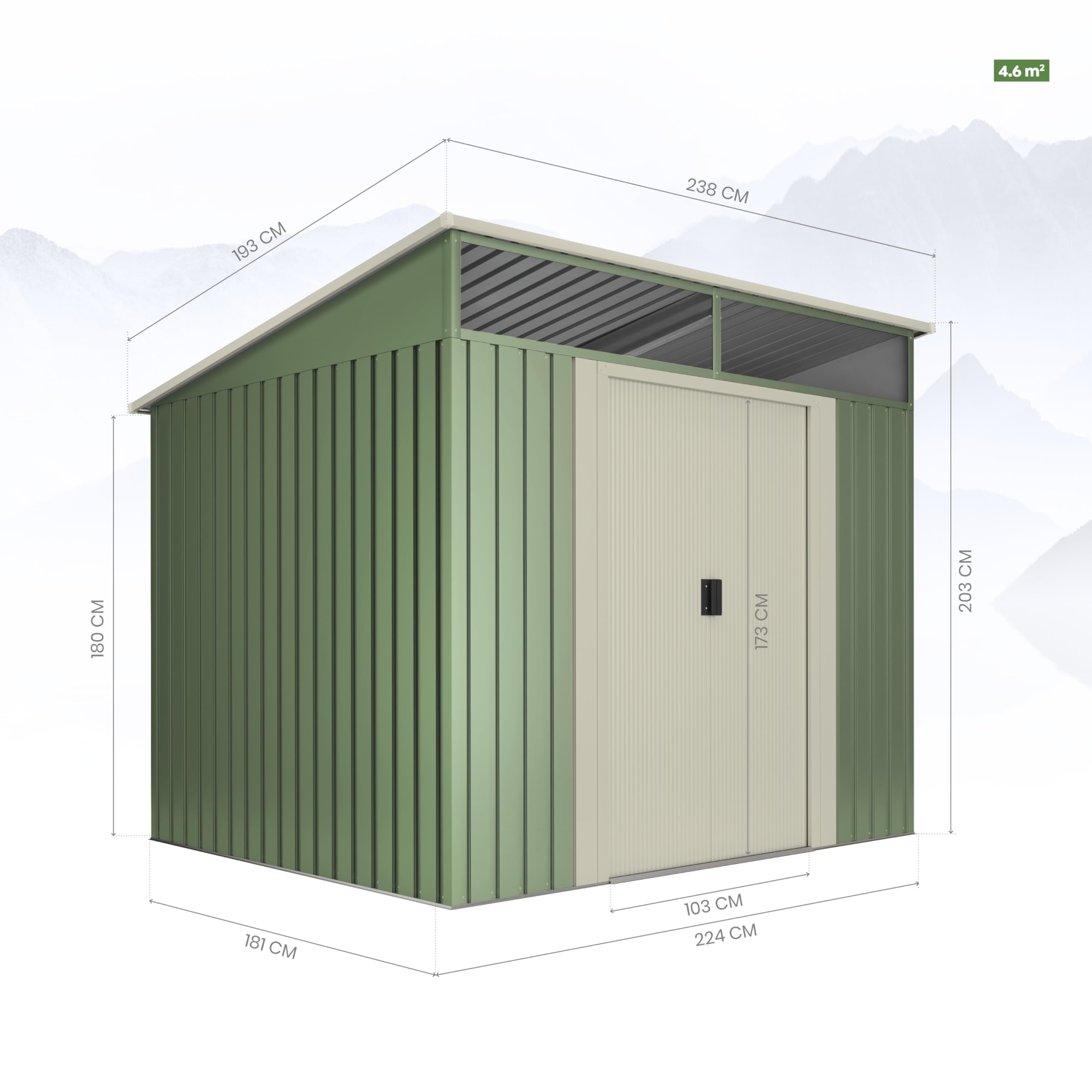 Wasabi Casetta metallica da giardino 4,60 m² Stark, lucernario in policarbonato, verde e beige, doppia porta scorrevole, tetto inclinato, capanno in metallo, stoccaggio esterno