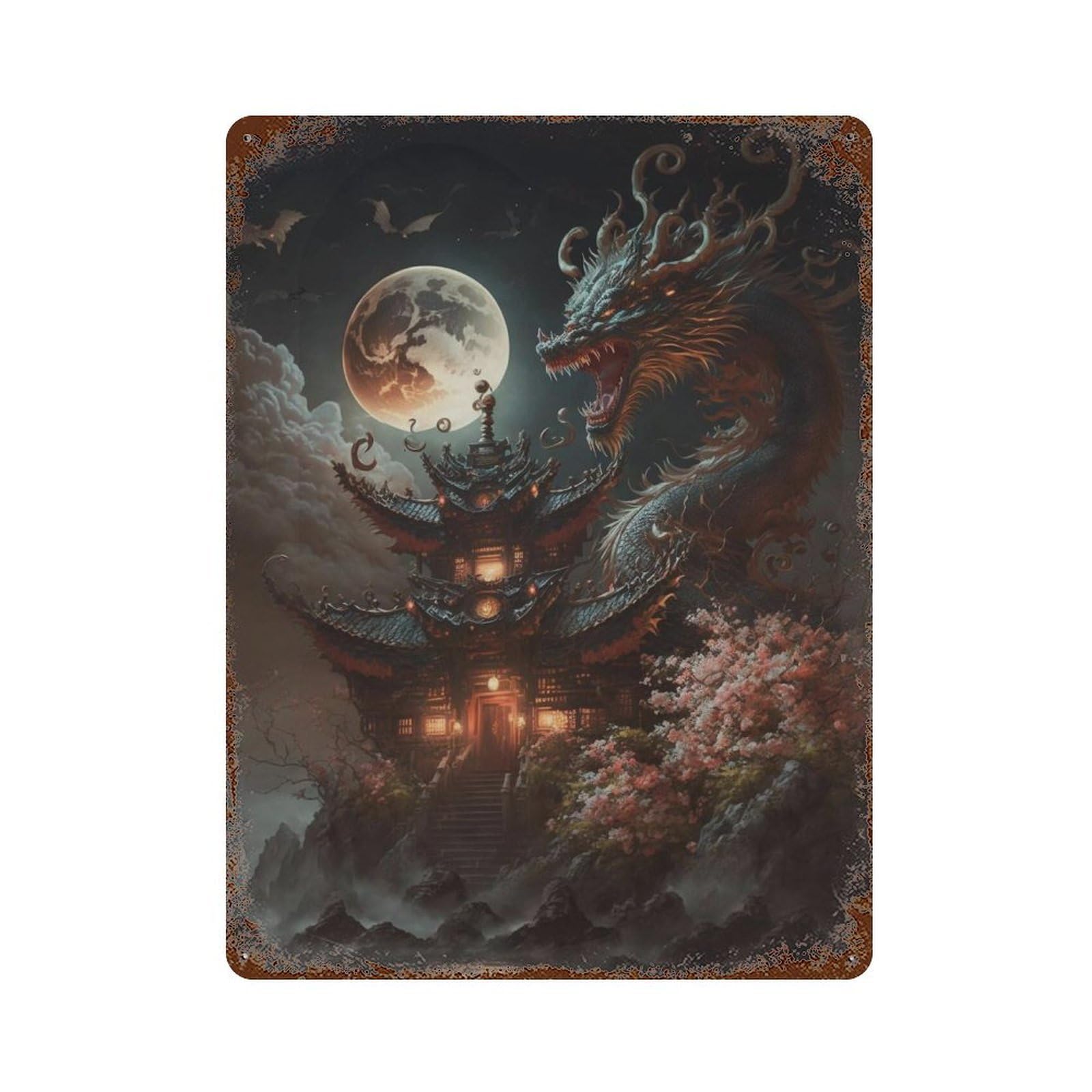 Dragon Temple Moonlit Night Weathered Tin Sign 15.7"x11.8", Rustic Home Decor for Office, Studio And Wall Decor