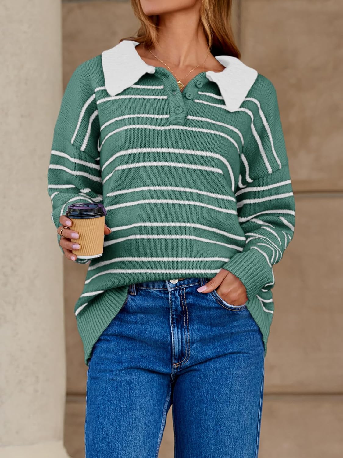 Saodimallsu Womens Striped Sweaters Button Collared Polo Shirts Oversized Long Sleeve Chunky Knit Trendy Pullover Tops - Image 3