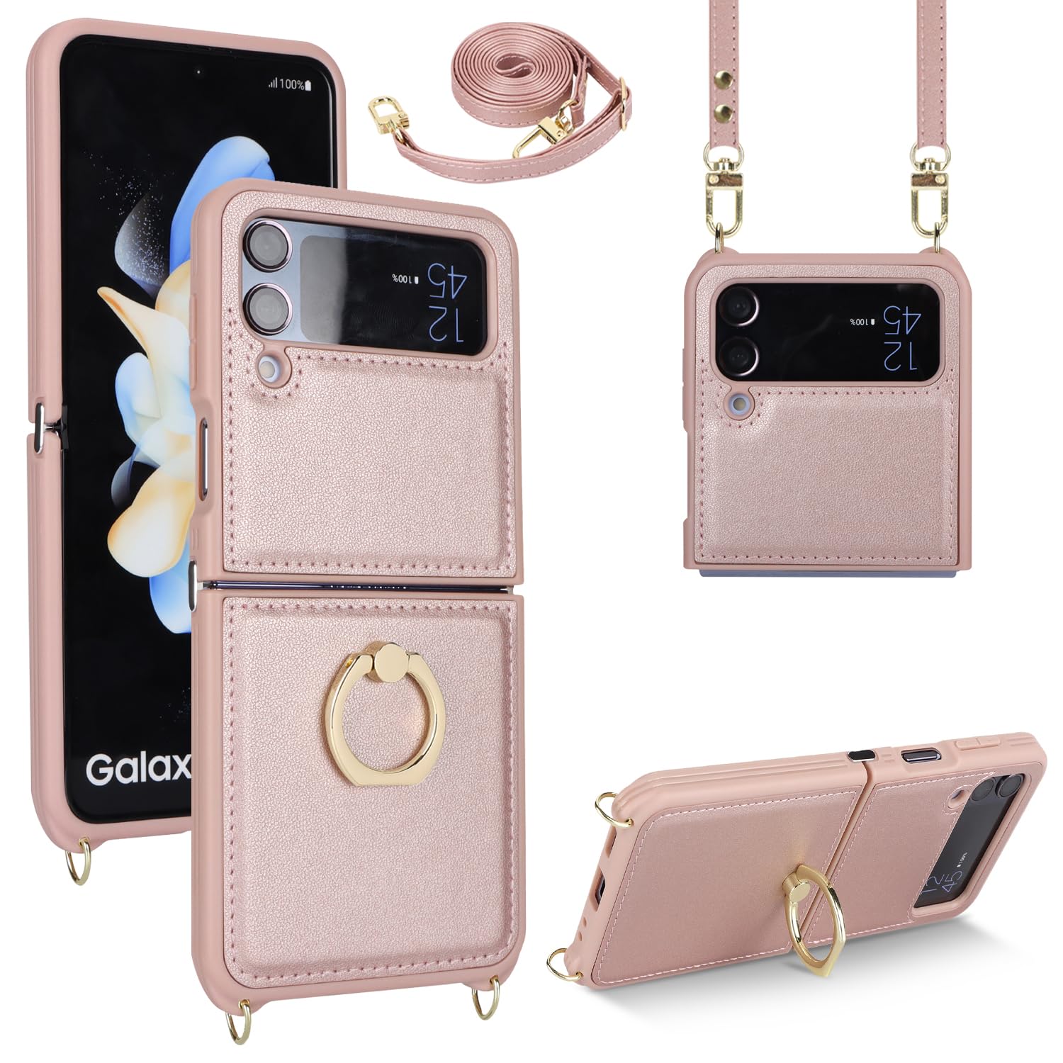 Cavor for Samsung Galaxy Z Flip 4 Case,Phone Case for Galaxy Z Flip 4 Case Strap and Ring Stand,Crossbody Lanyard,Leather Shockproof Protective Case for Women-Rosegold