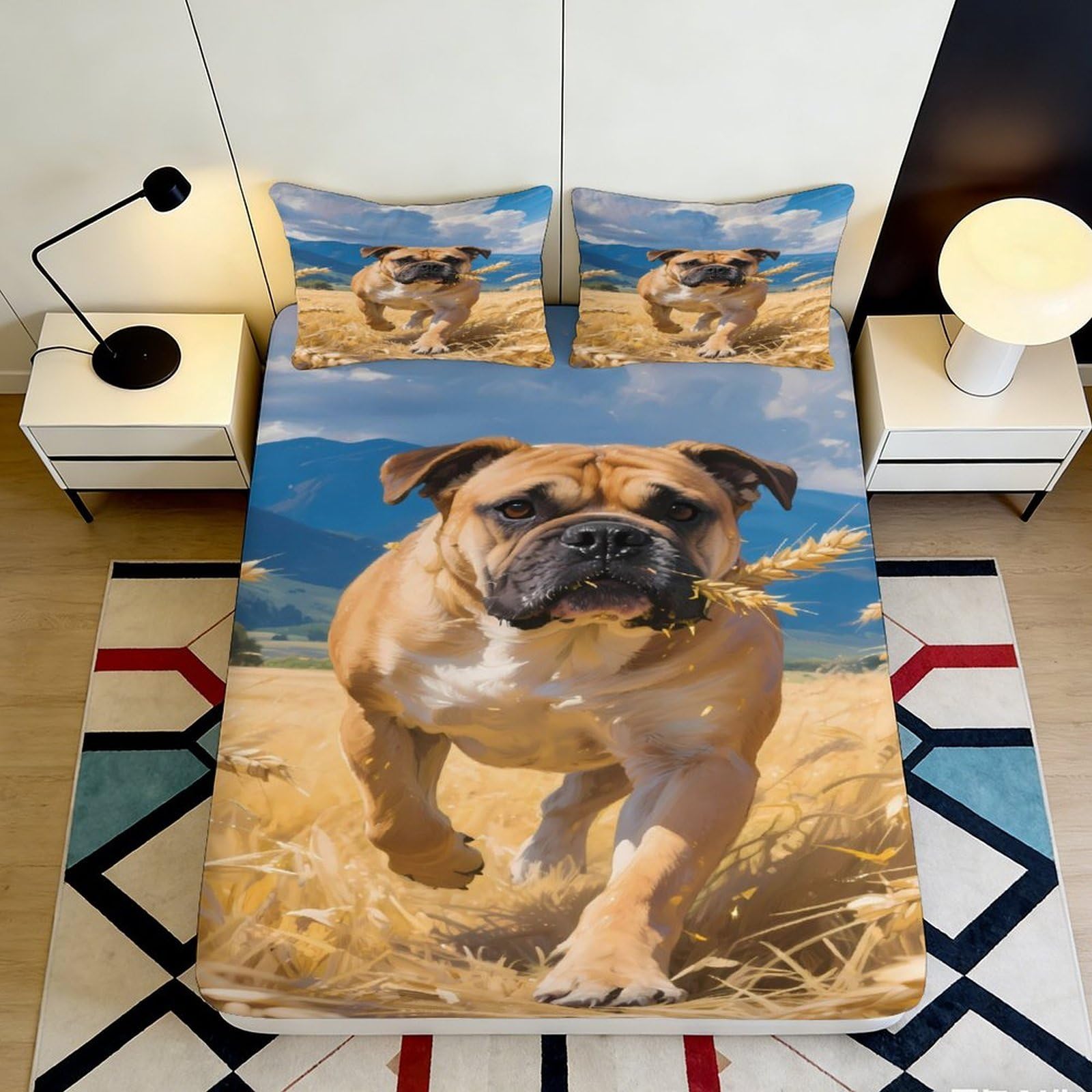3D Printed Bulldog Wheat Field Fitted Sheet Microfiber Soft Mattress Cover Bedroom Dorm Decor Protector 90x200x25cm