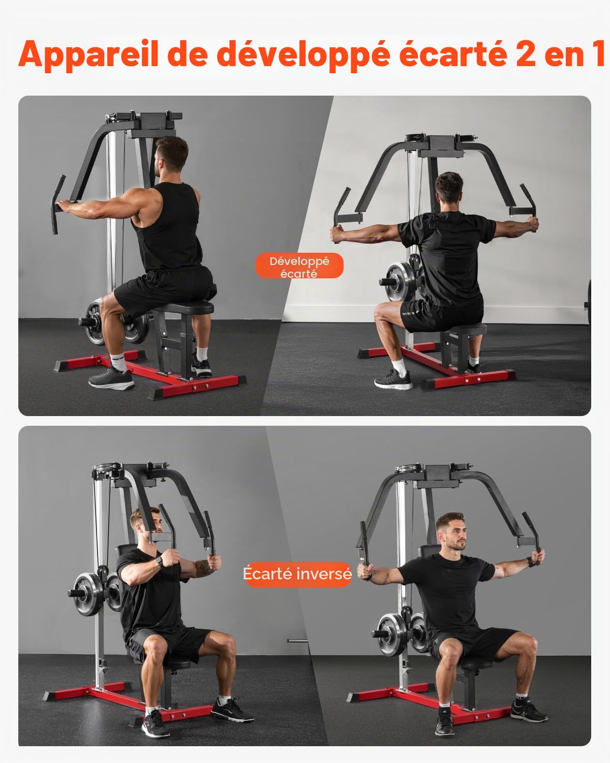 VEVOR Appareil de Musculation Écarté Incliné et Écarté Inversé, Presse Pectoral Réglable, Capacité de 204 kg, Équipement d’Entraînement pour Poitrine, Dos, Deltoïde Arrière et Épaules, Gym Domicile