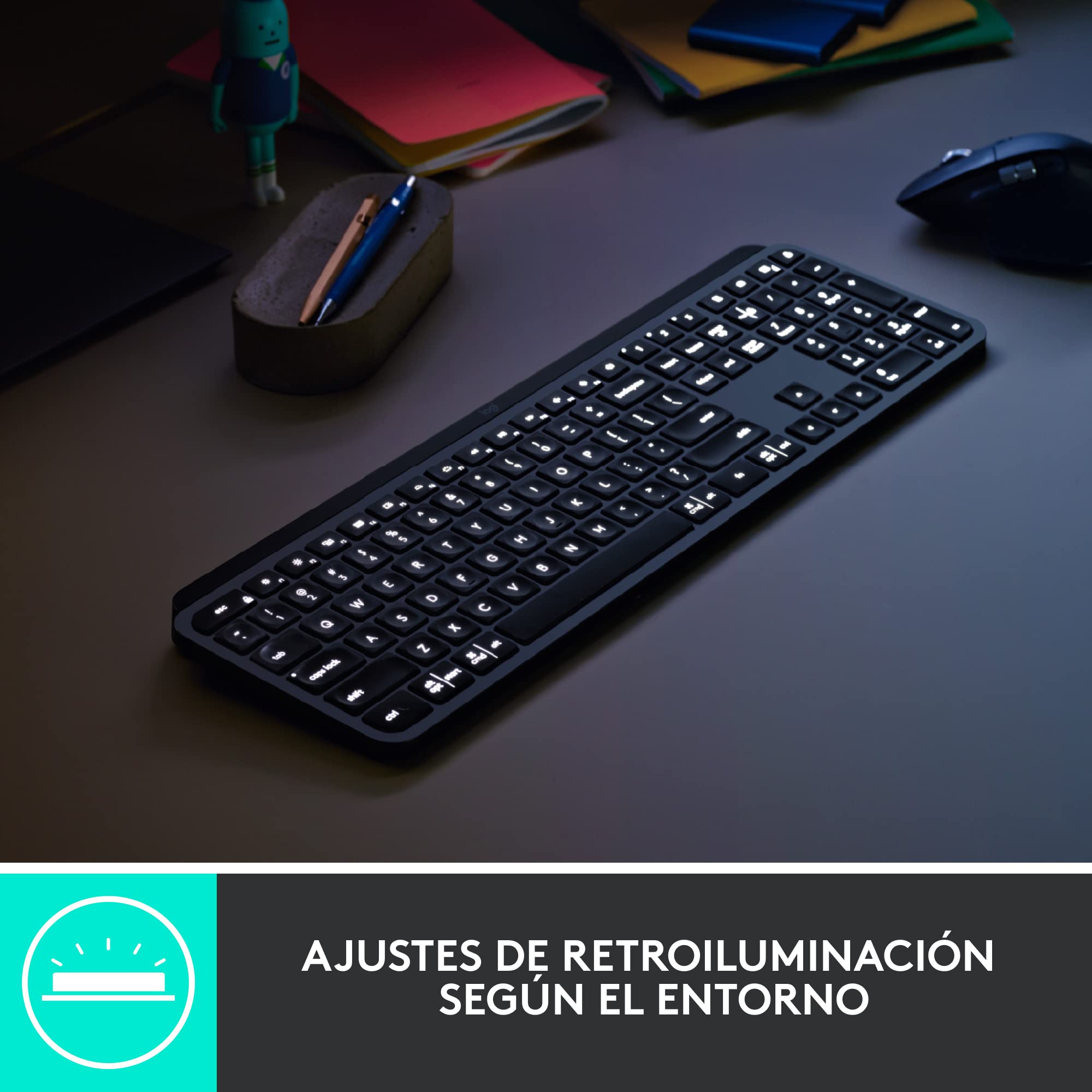 Logitech MX Keys Advanced for Business - Teclado inalámbrico Iluminado, Receptor USB Logi Bolt, Bluetooth, Teclas retroiluminadas, Recargable, Windows/Mac/Linux, QWERTY Español - Grafito