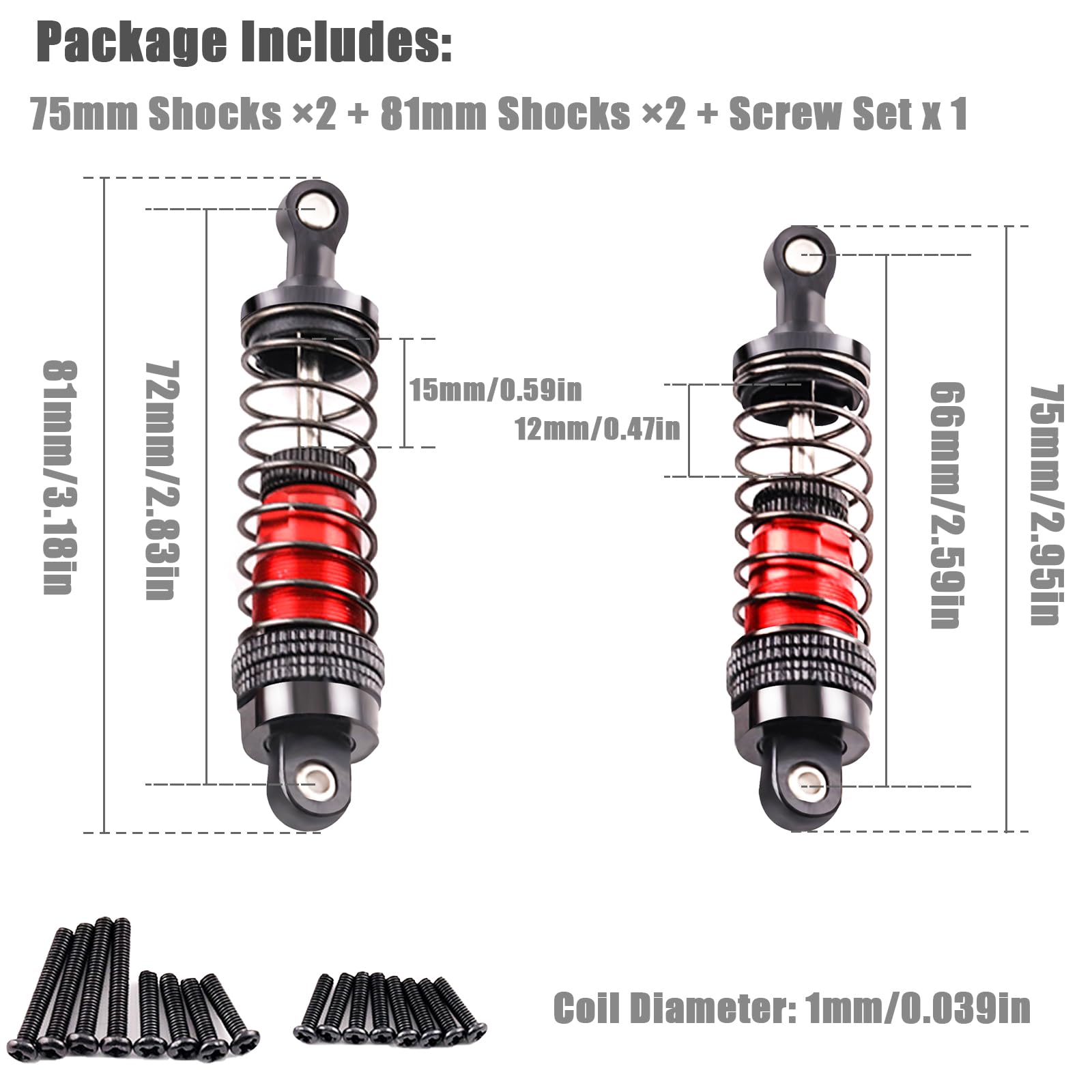 Oil-Fill Shock Absorbers for 1/14 1/16 1/12 RC Cars, 75mm & 81mm Hydraulic Suspension Kit, DIY Refillable Dampers with Alloy Body, Compatible for MJX, HSP, WLtoys, SCY, FMS, Traxxas (Oil Not Included)