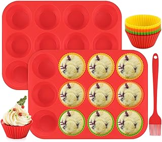 2 PCS Silicone Muffin Trays, 12 Cups Silicone Cupcake Cases, Non Stick Muffin Moulds for Making Muffin Cakes Cupcakes Bakeware Reusable Baking Moulds with Brush(Red)