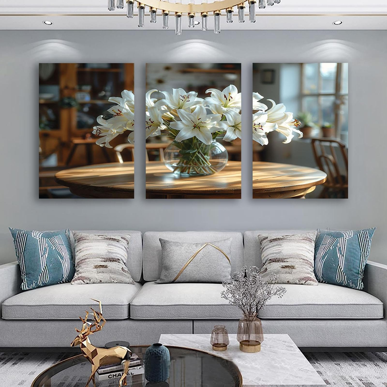 DunPei décoration d'intérieur rétro Lis Impression d'art sur toile pour salon,chambre à coucher,salle à manger,décoration de bureau à domicile-30x50cmx3 Encadrée
