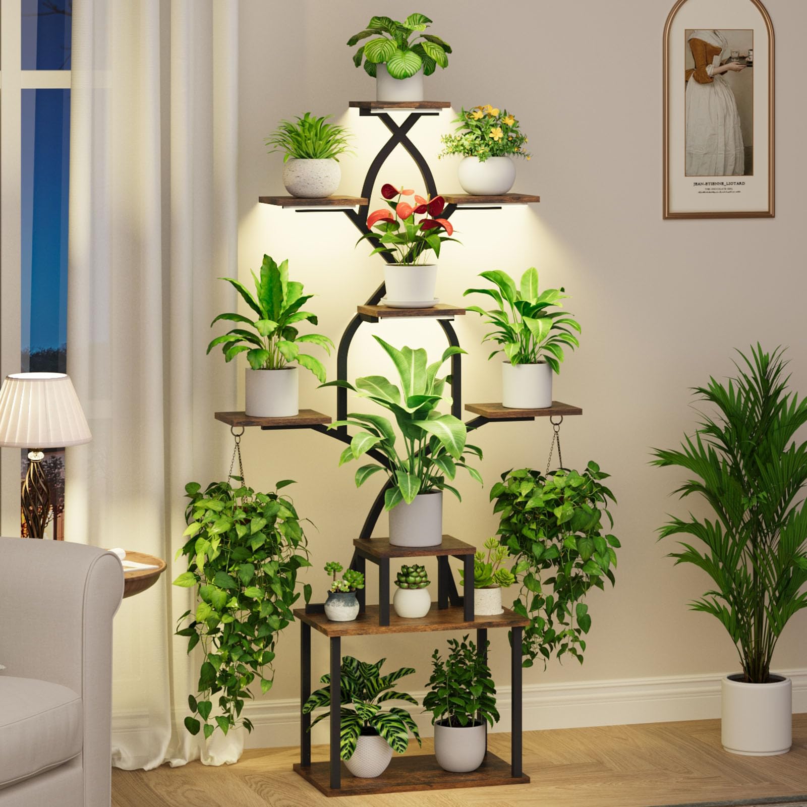 BACEKOLL Étagère à fleurs avec lumière de croissance - Support de fleurs à 9 niveaux - 162 cm - En métal et bois - Pour l'intérieur et l'extérieur - Noir - Pour l'intérieur, le jardin, le balcon