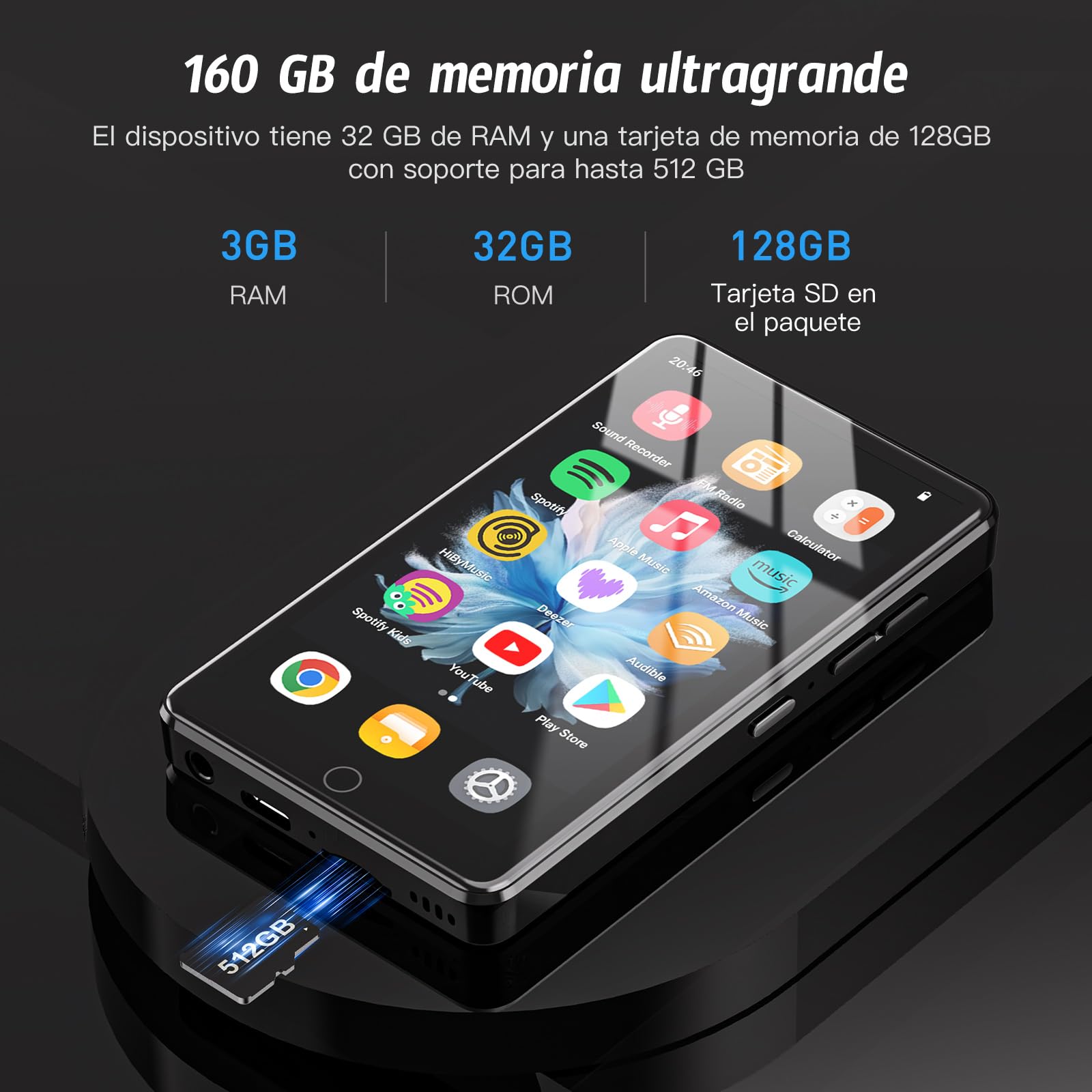 Reproductor MP3 de 160 GB con Android 13, reproductor MP4 con Bluetooth y WiFi, pantalla táctil IPS HD de 4,02 pulgadas con altavoz, reproductor de música compatible con Spotify, YouTube y Play Store.