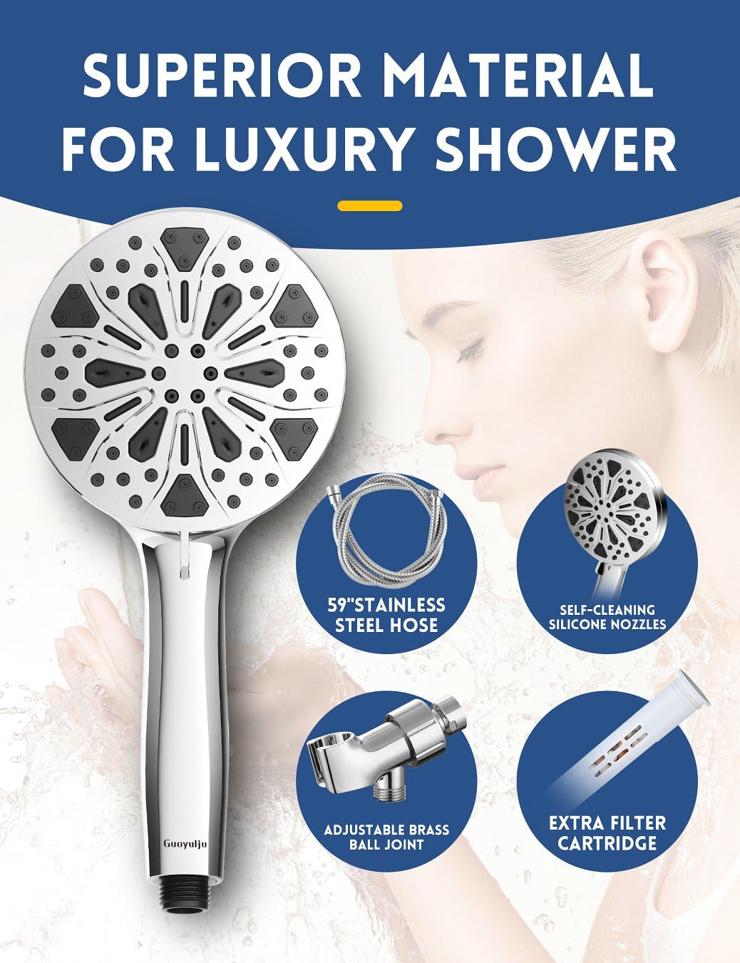 Pommeau de douche filtré avec poche et tuyau, 10 modes de pulvérisation, pommeau de douche haute pression pour eau dure, filtre amovible économie d'eau avec perles, finition chromée, certifié