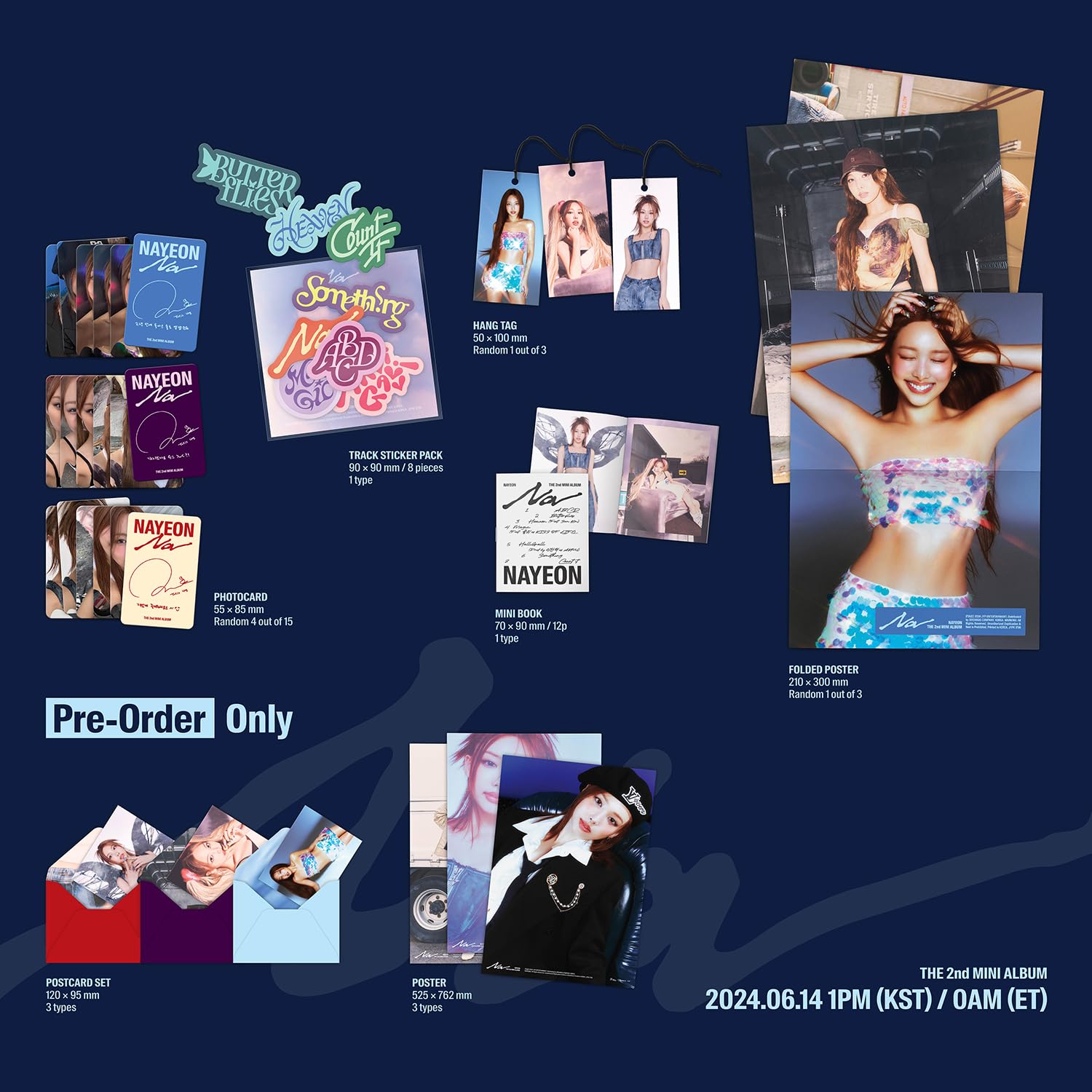 NAYEON - 2nd Mini album [NA] (A Ver.) Out Box R + Envelope + Postcard + Photobook + Hang Tag + Photocard + Track Sticker Pack + Mini Folded Poster + 2 Extra Photocards