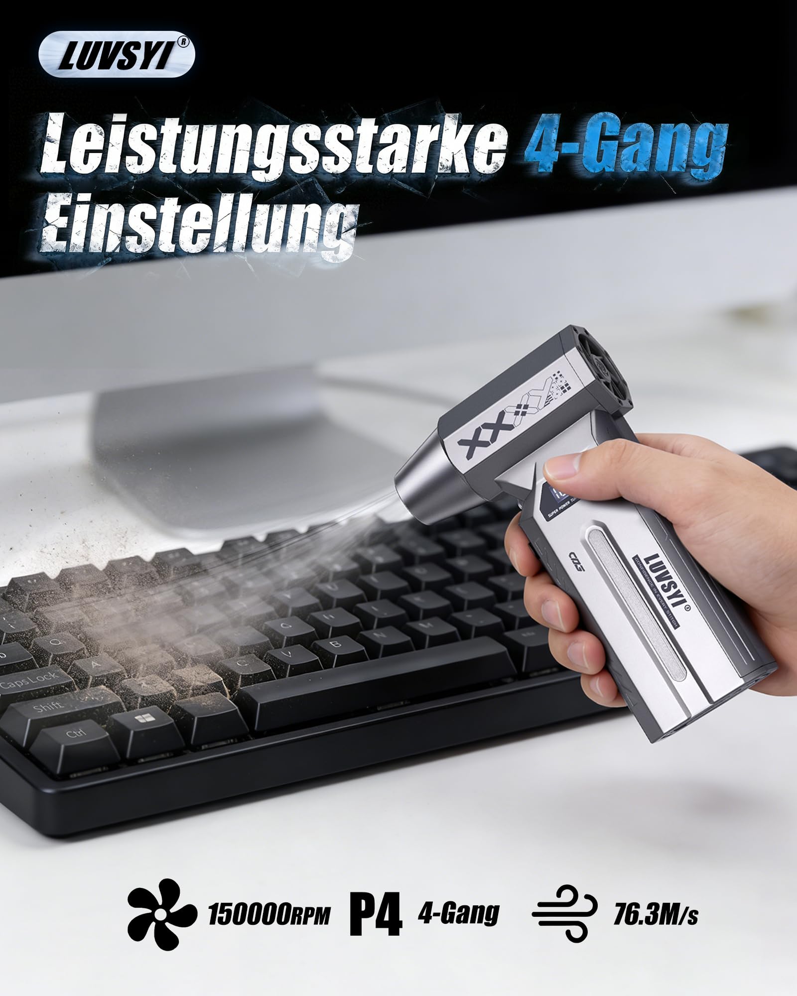 HAOFOYFUN Electric Air Duster, 150000RPM Elektrisches Staubgebläse Akku, 4-stufiges Hochleistungs-Luftgebläse, Mini Gebläse mit LED-Display & Licht, Staubgebläse für PC, Tastatur, Auto, Outdoor