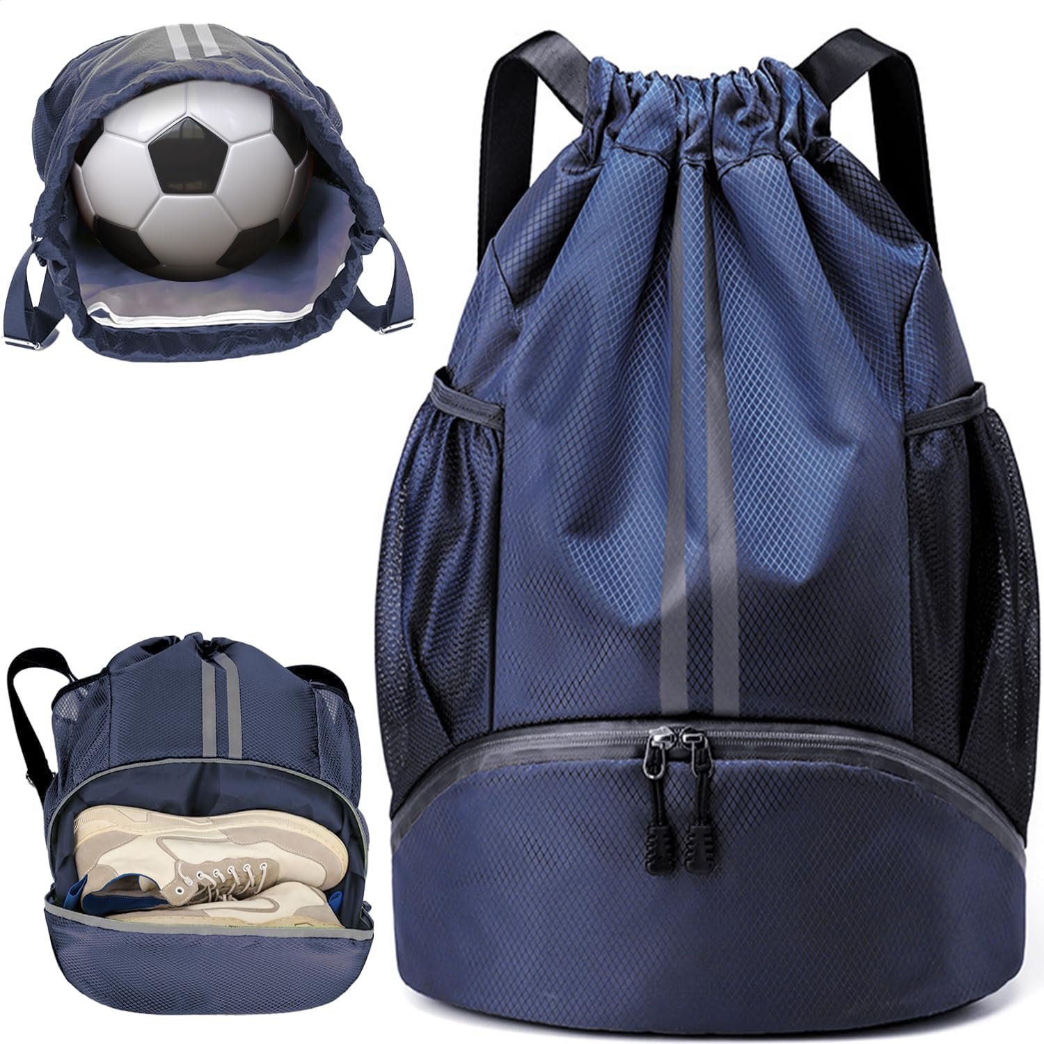 Wubayi Unisex Kids Dark Blue Football Boot Bag,Sports Kit Gym Sack Swimming Pe Large Drawstring Bag Unise With Wet And Dry Separation,Waterproof Gym For Kids Adults Men Women Travel,School Sports Beach Holidays (Dark Blue)