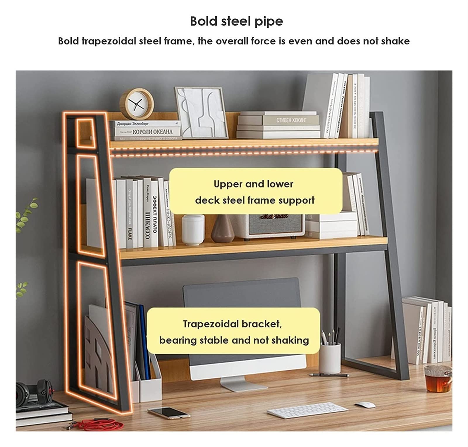 Desktop Bookshelf Trapezoid Desktop Bookshelf - 2-Tier Iron Desk Shelf, Computer Desk Desktop Simple Bookshelf, Bedroom Multipurpose Storage Rack