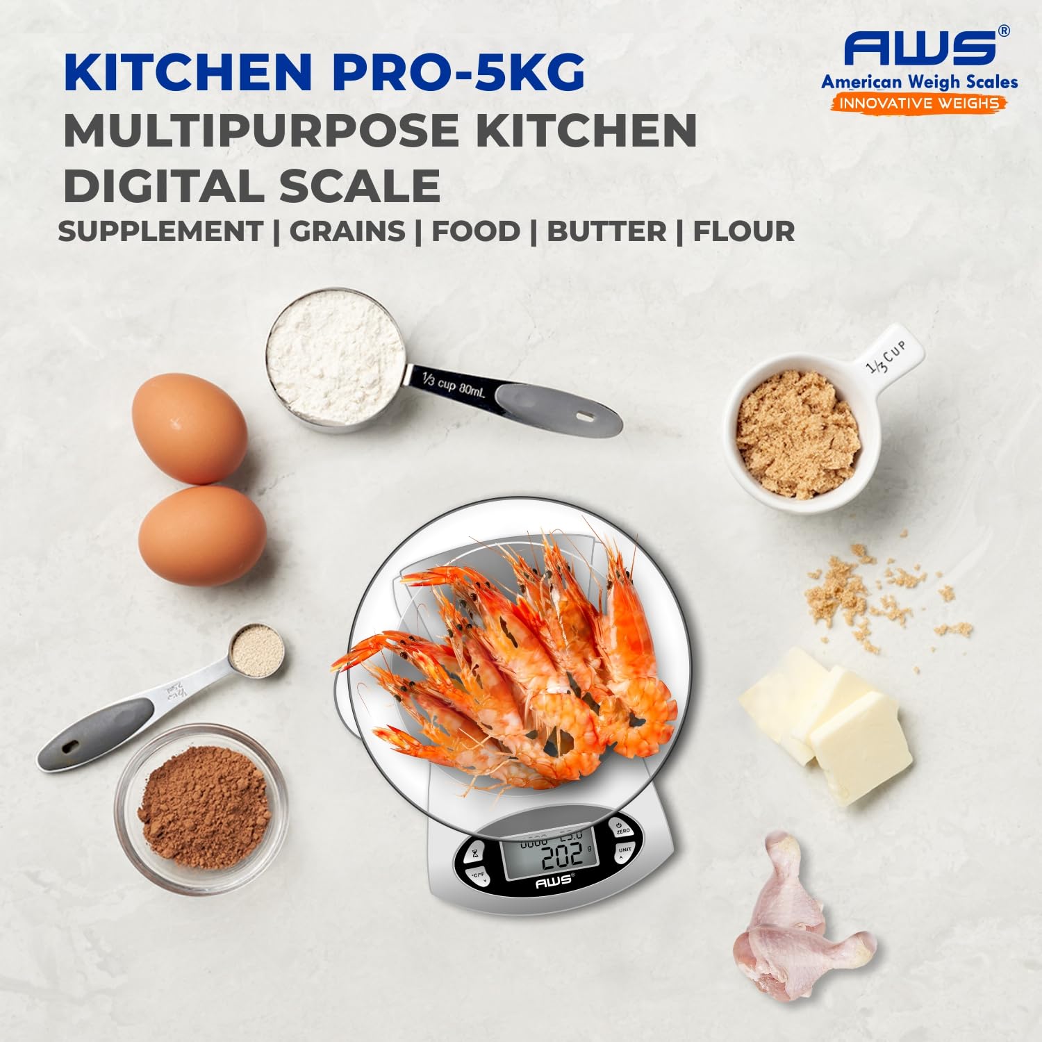 AWS Kitchen Pro - Báscula digital de precisión para alimentos de 0,1 g/0,001 onzas con vidrio templado, cuenco apto para lavavajillas, tara, temporizador, reloj y pantalla de temperatura ambiente |