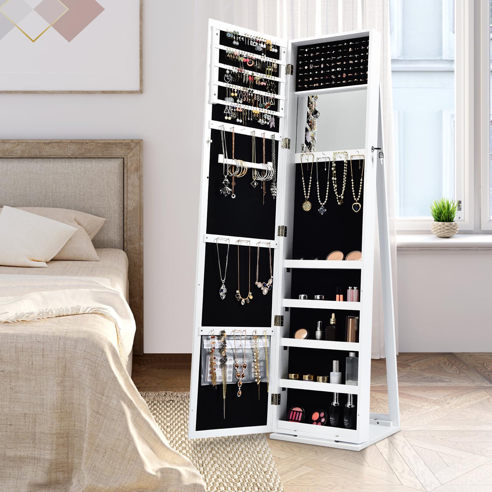 GOPLUS Schmuckschrank mit Spiegel, Spiegelschrank stehend mit großem Stauraum, Lagerregalen und Umkippschutz, Standspiegel Schmuck Organizer abschließbar für Schlafzimmer Wohnzimmer (Weiß)