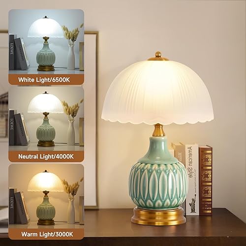 Miniatura 4 de Table Lamps Ceramic Retro Lamp for Living Room,16" Modern Bedside Nightstand Traditional Lamps, Classic Chinoiserie Green Glass Lamp for Home (Retro)