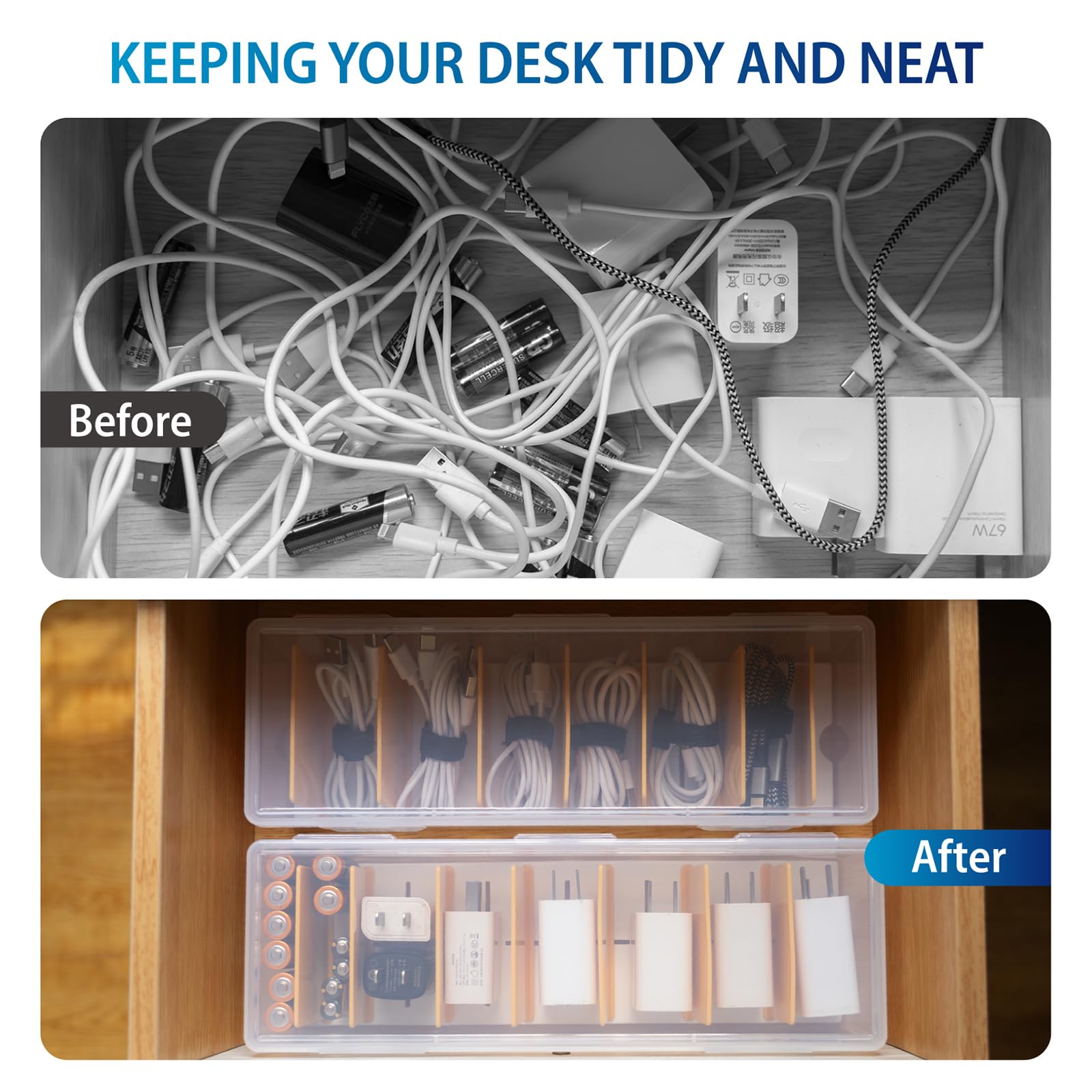Kabel-Organizer-Aufbewahrungsbox mit 16 Kabelbindern, transparente Handy-Ladegerät-Organizer, Kabel-Organizer für Kabel, elektronische Aufbewahrungsbox für Schublade, Schreibtisch, Büro,