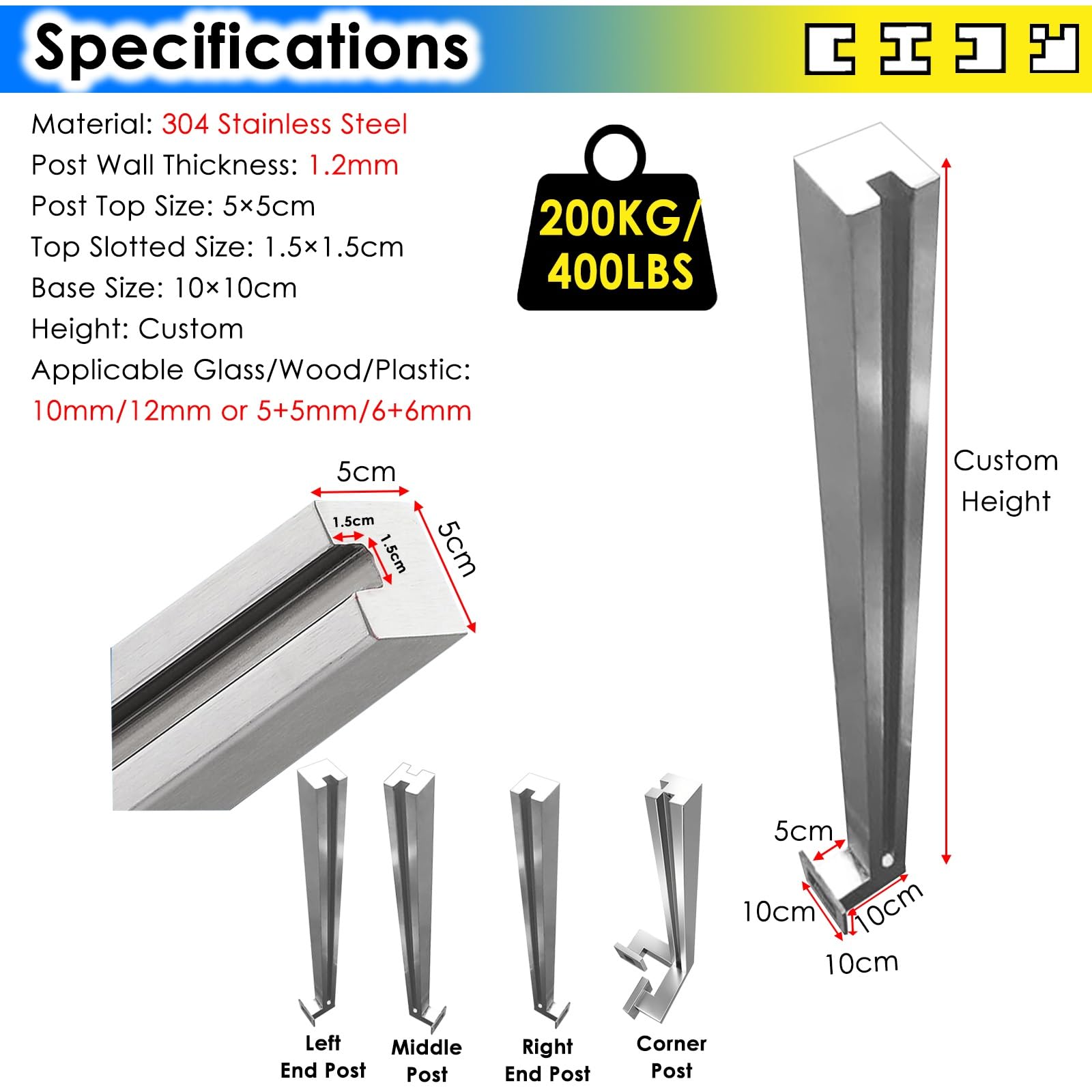 Acciaio inossidabile s Morsetto Post 85 125cm s Ringhiera Supporto per temperato s Side Mount per Deck Patio Balcone Sistema Guardrail Esterno