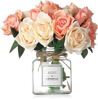 Artificial Rose Flowers with Vase,Fake Silk Champagne Bouquet with Glass Jar Home Rope for Wedding Proposal Bride Home Decoration and The Best Gift, Champagne