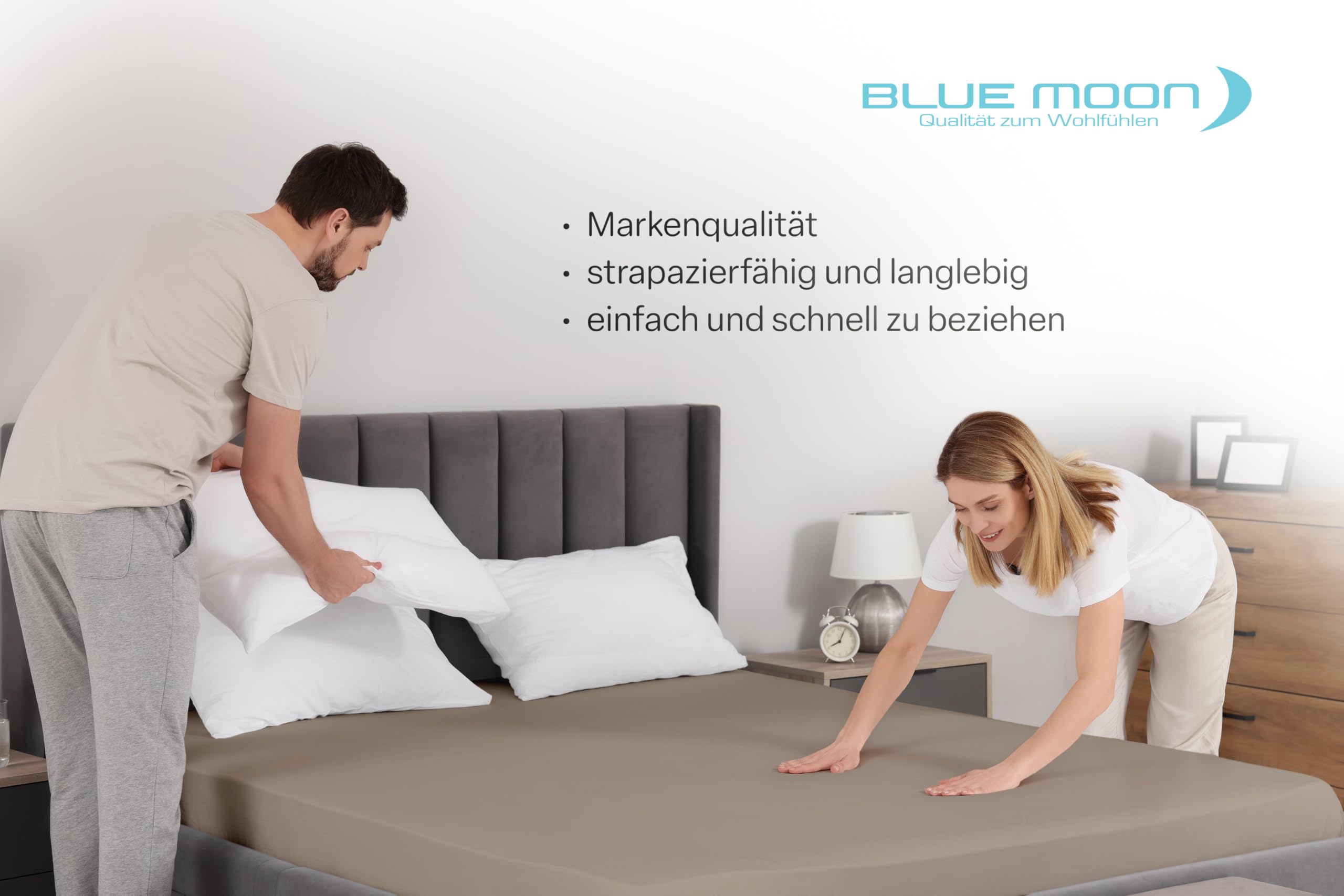 BLUE MOON Luxus Spannbettlaken - Spannbetttuch 180-200x200cm - Jersey - 96% Baumwolle/4% Elasthan - 190 g/m² - 30 cm Steghöhe - rundumgummiert - boxspring-geeignet - Öko-Tex - Made in Europe (Taupe)