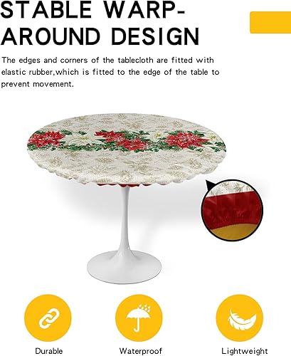 Miniatura 2 de Mantel redondo ajustable de flor de pascua de invierno, color rojo, diseño de bayas de pino, mantel elástico impermeable para interiores y
