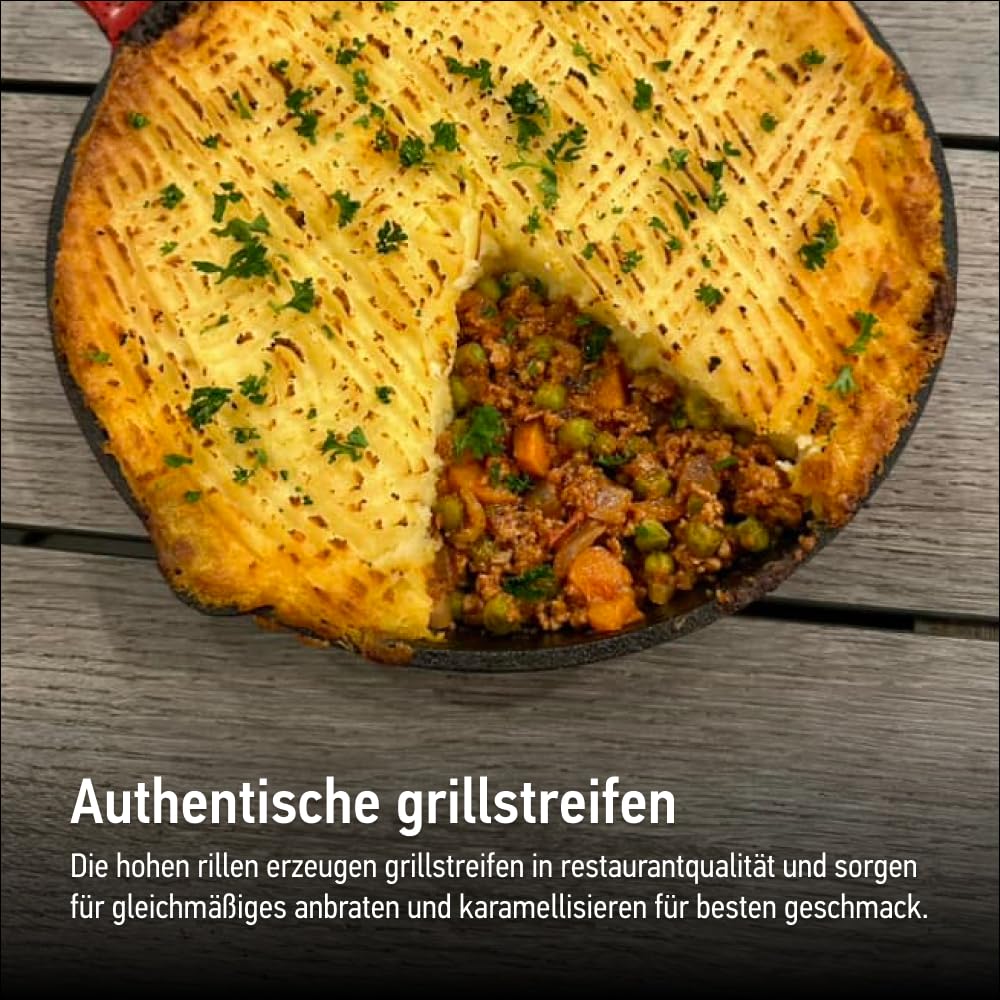 Gusseisen Grillpfanne mit geformten Griffen - Klassisch, Rund Steakpfanne Geeignet für alle Herdarten, Gasherde, Backöfen, Gasgrill - Grill pfanne Ø34cm, Blau