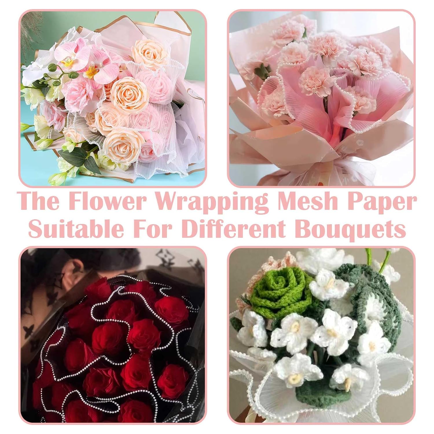 4PCS 4 Yards Pearl Mesh for Bouquets, Pearl Edge Bouquet Wrapping Paper