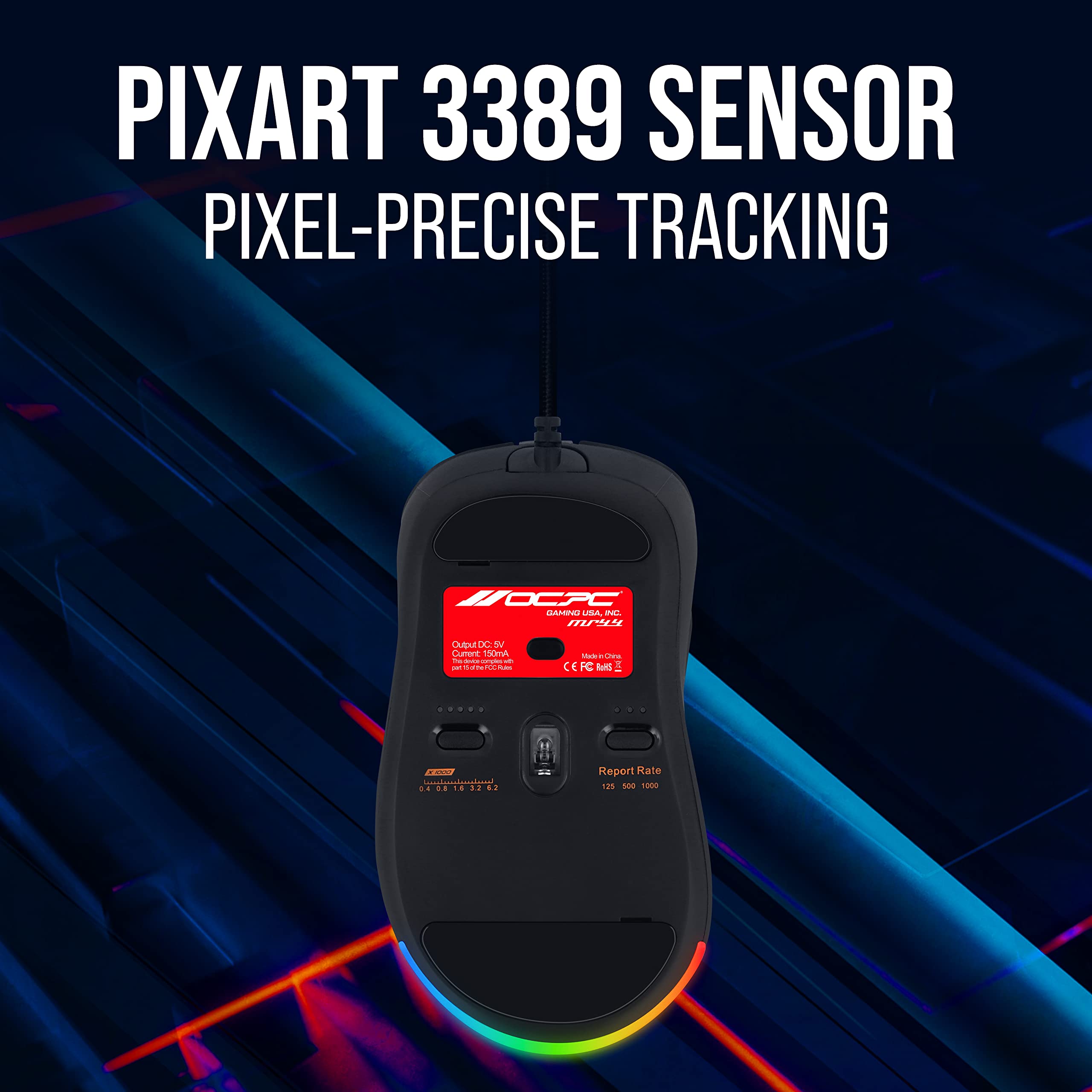 VisionTek OCPC MR44 Mouse da gioco cablato, RGB, 16000 DPI, sensore PixArt 3389, pulsanti macro programmabili per Windows e Mac - 901541
