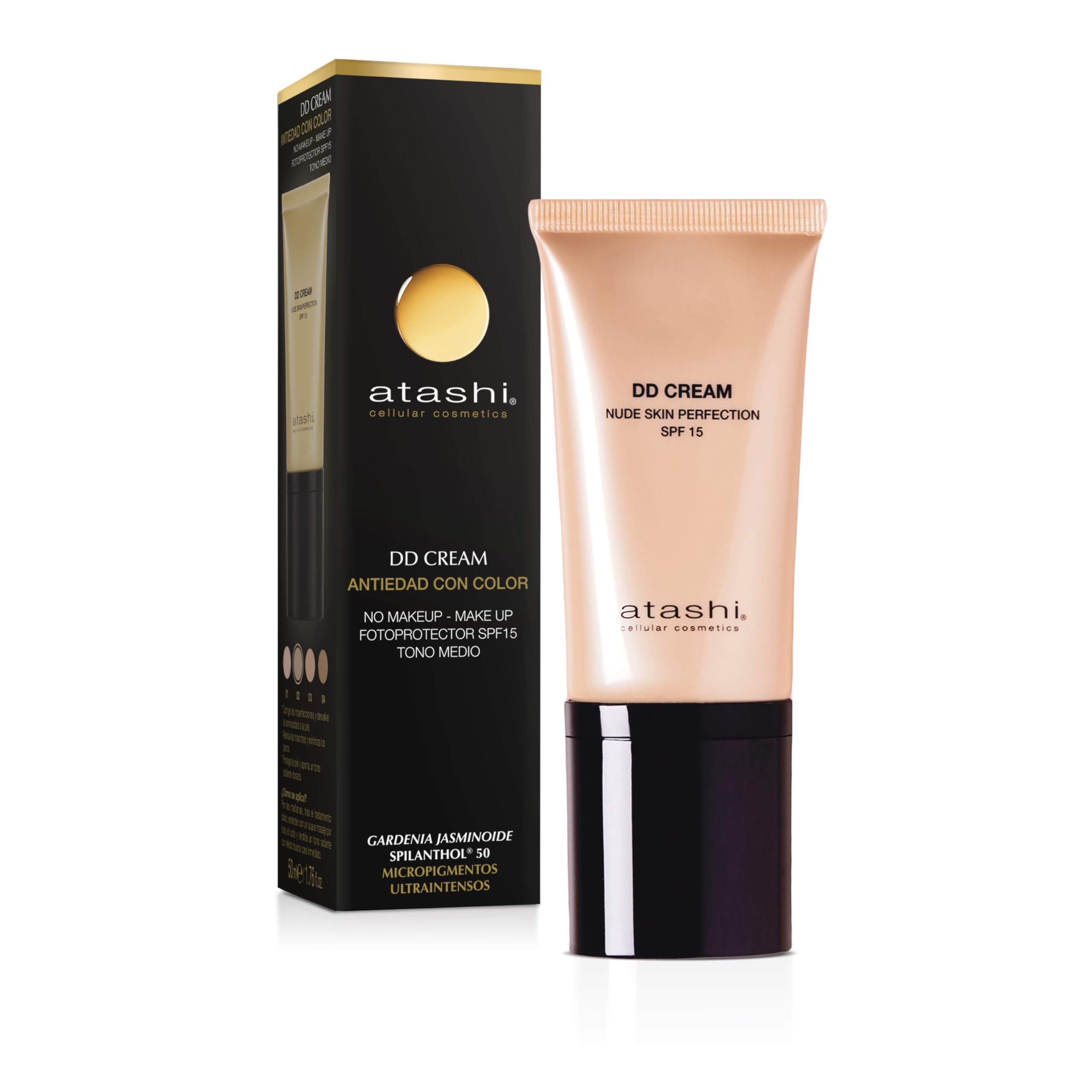 Atashi | DD Cream Antiedad | Tratamiento Hidratante Antiedad con Color | Efecto Buena Cara | 8 beneficios en 1 | Con Retinol | Formato Airless | Tono Medio | 50ml