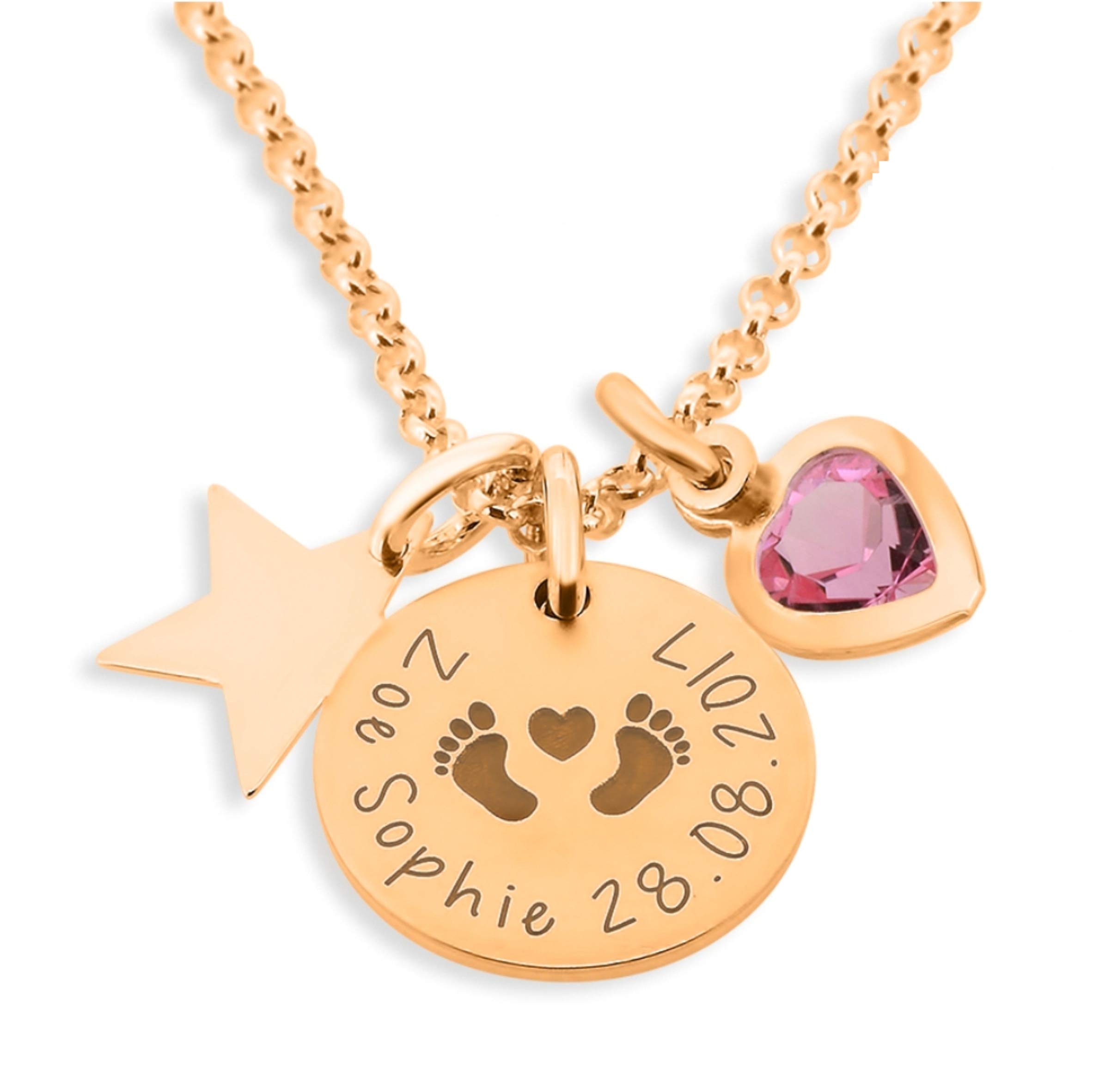 Geburtskette Babyfüße rose 925 Silber Halskette mit Gravur Gold Geburtskette Baby Mama Geschenk Schmuck Namen Stern Herz Namensschmuck | HANDMADE IN GERMANY