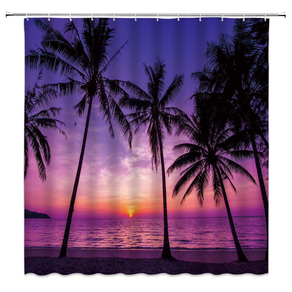 XZMAN Ocean Sunset Shower Curtain Tropical Ocean Beach Palm Tree Dusk Sky Hawaii Sea Seaside Seascape Purple Black Bathroom Curtains Decor Fabric Polyester Set Include Hooks,(70" WX70 H)