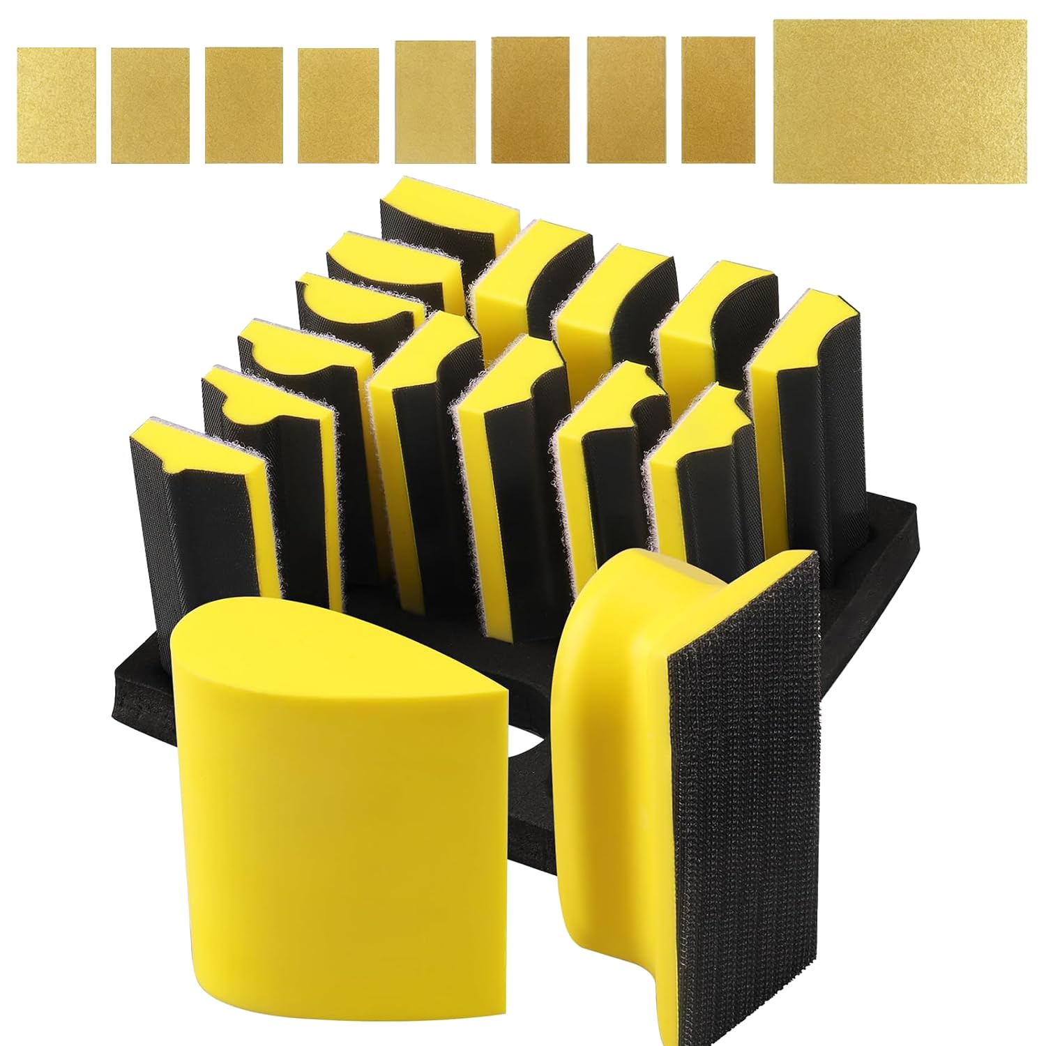 Set di 16 blocchi abrasivi a mano, kit professionale con gancio e anello con forme convesse e concave, per lavorazione del legno, carrozzeria, restauro di mobili, artigianato