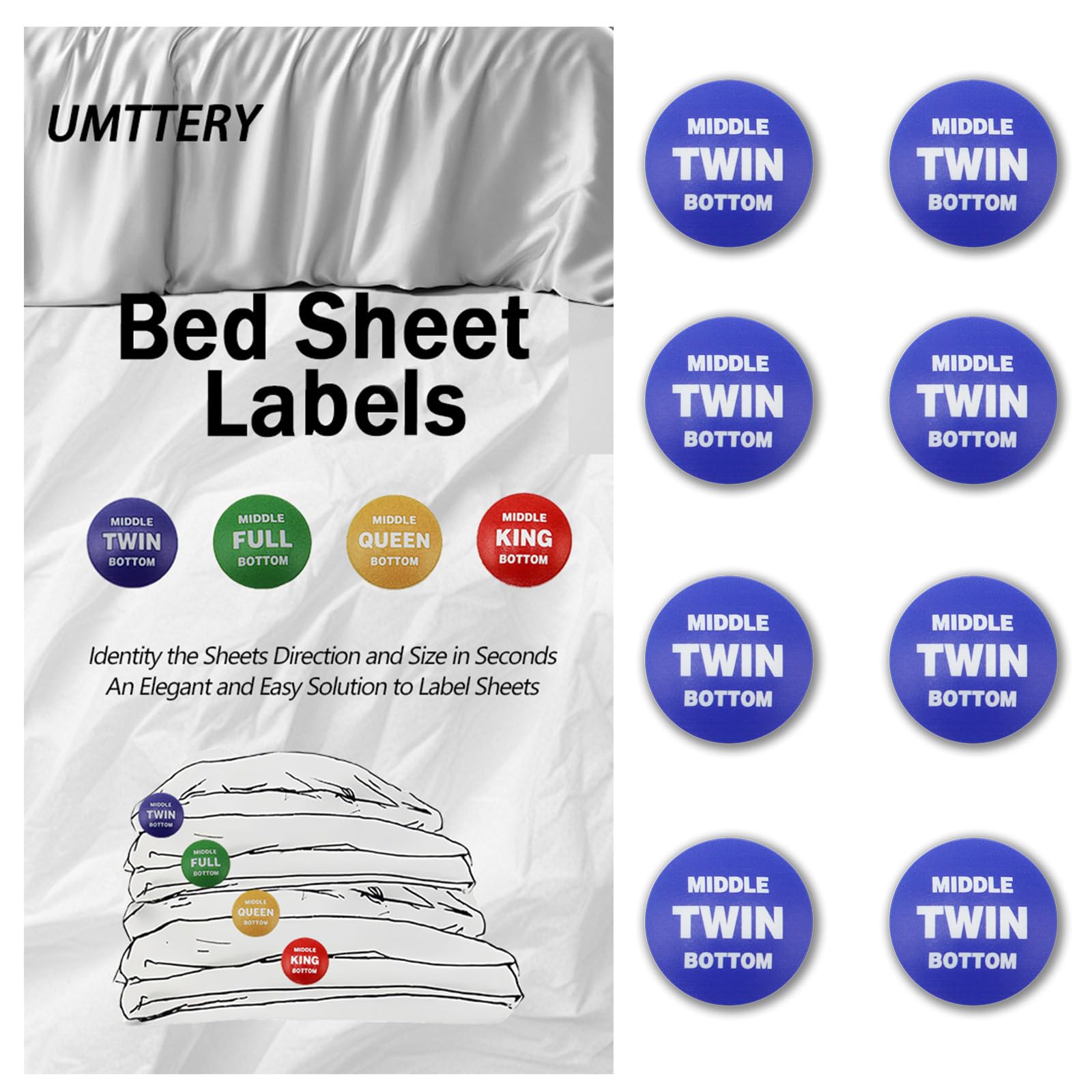 Umttery Bed Sheet Labels for Bedding,Identity The Sheets Direction and Size in Seconds, an Elegant and Easy Solution to Label Sheets, 8 Pack[Twin]